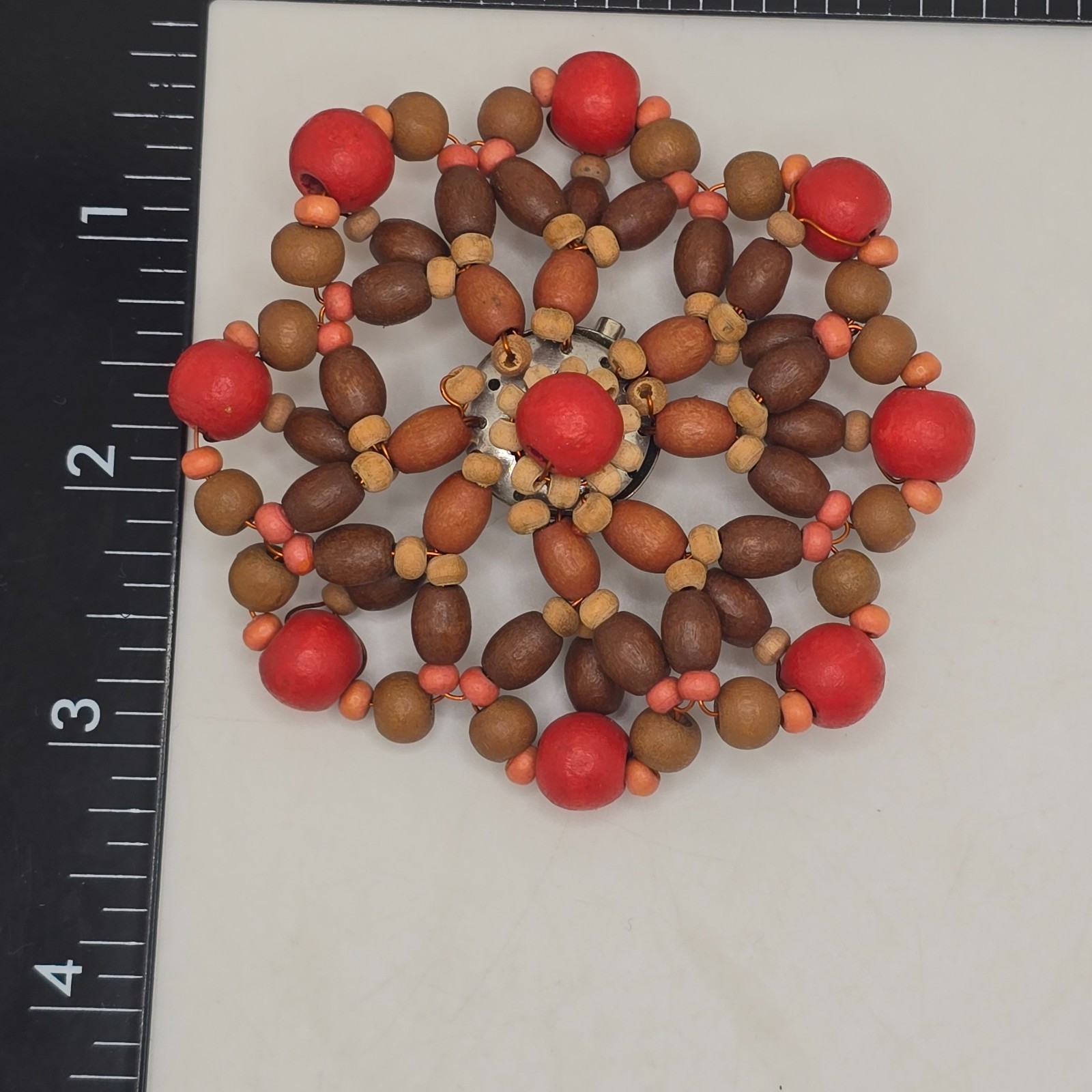 Vintage Boho Brooch 70s Wooden Bead Flower Handmade Copper Wire Folk Art Pin