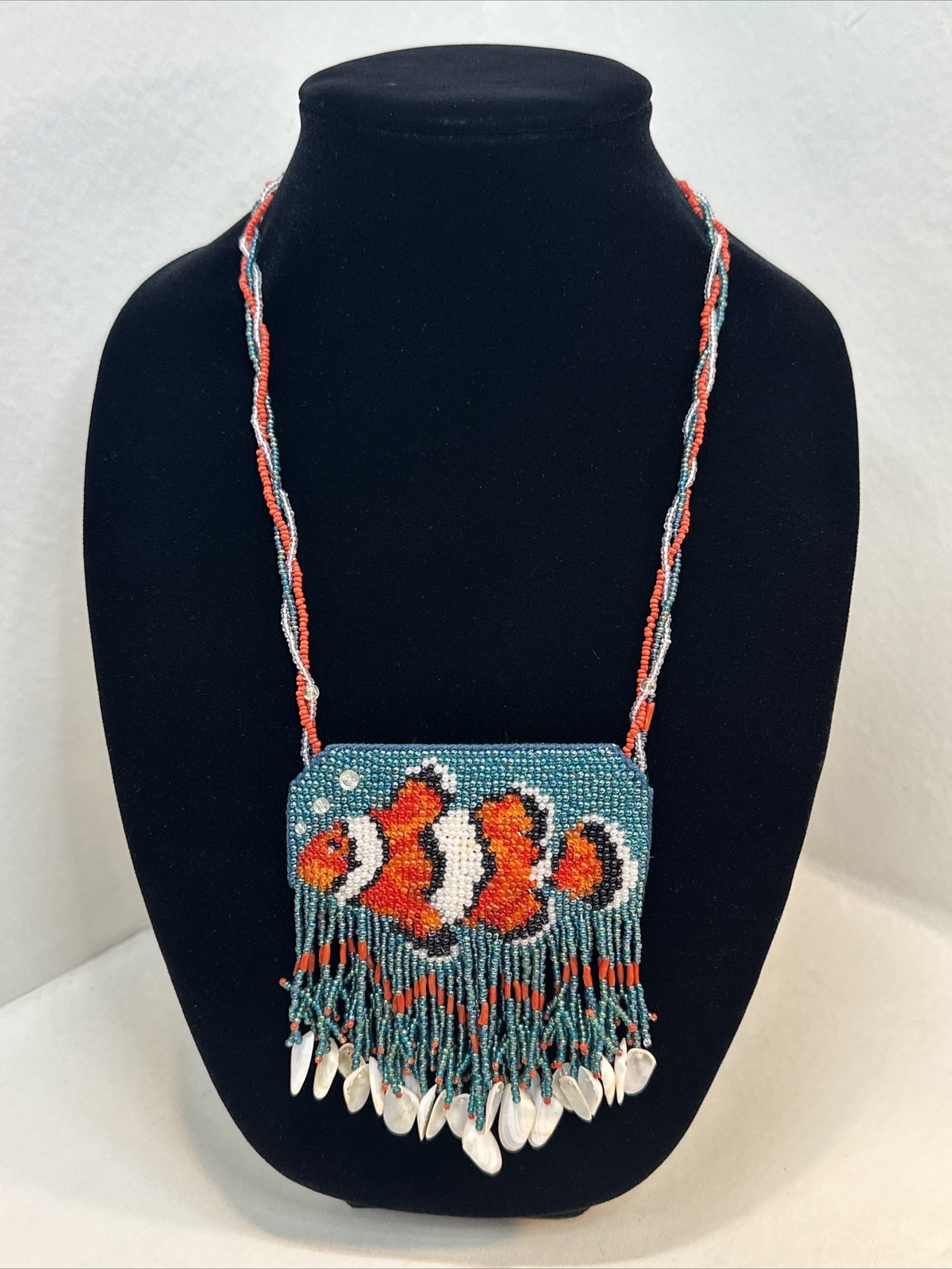 Vintage Handmade Orange Fish Sead Bead Southwestern Necklace With Fringe-Shells