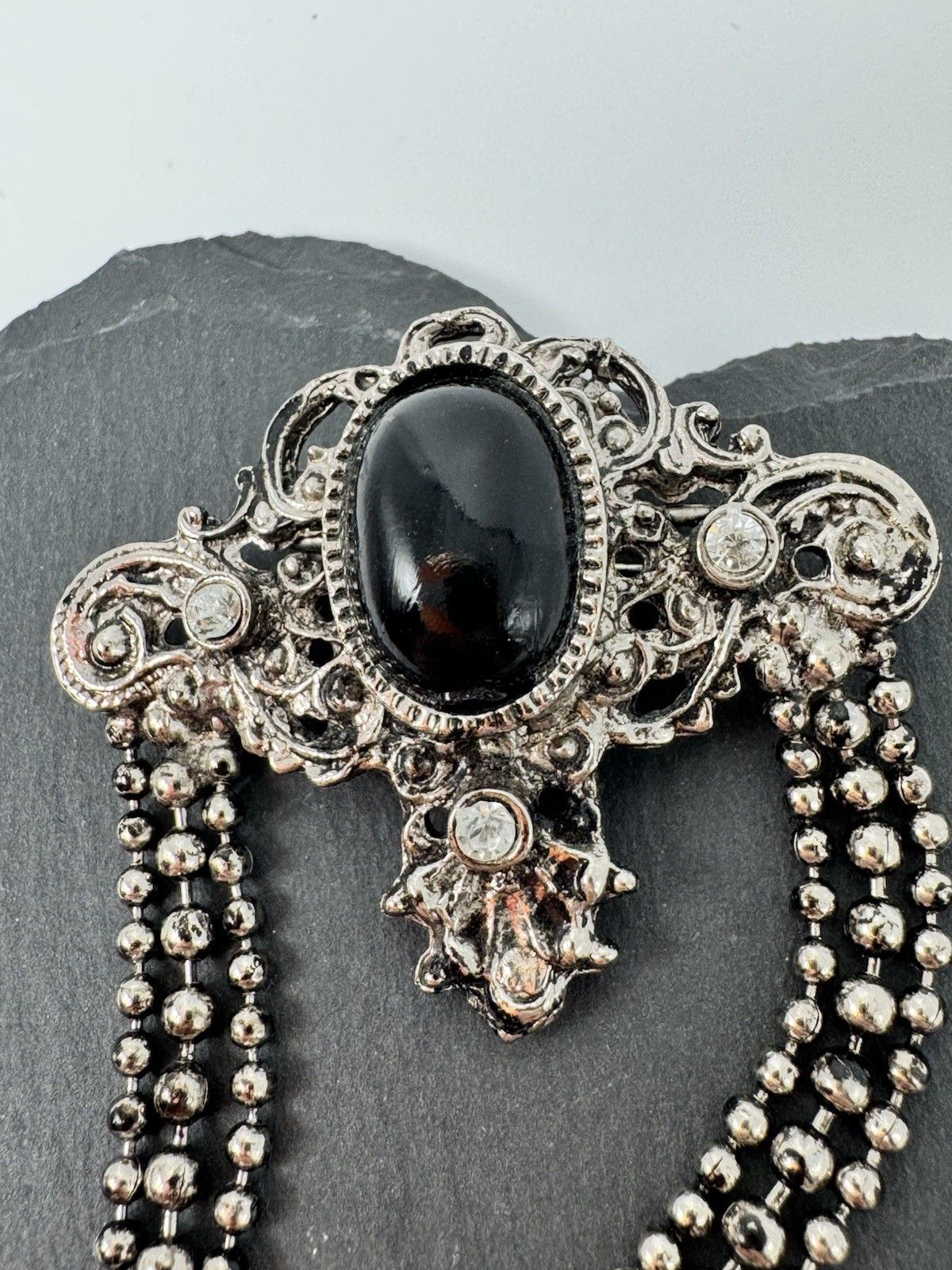 VTG Victorian Revival Gothic Brooch Silver-tone W/ Black Faux Onyx Cab Art Deco