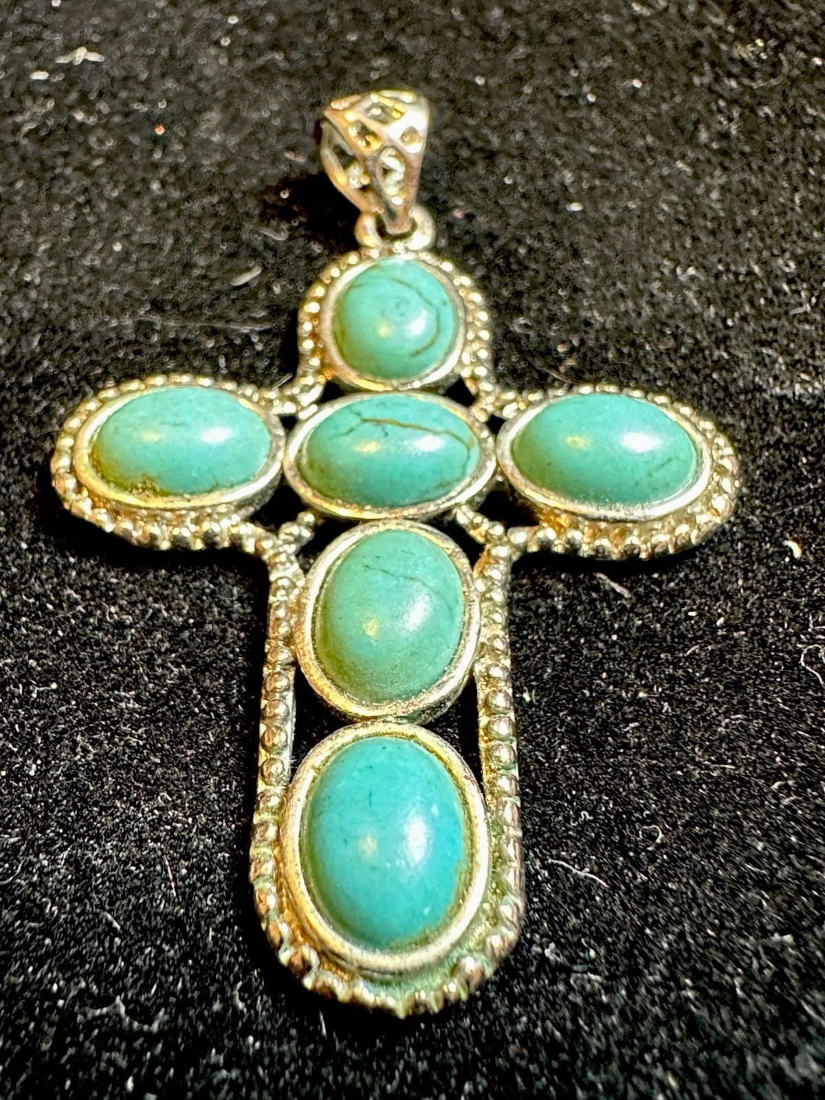 Vintage 1.5” South western style Silver Toned Faux Turquoise Cross