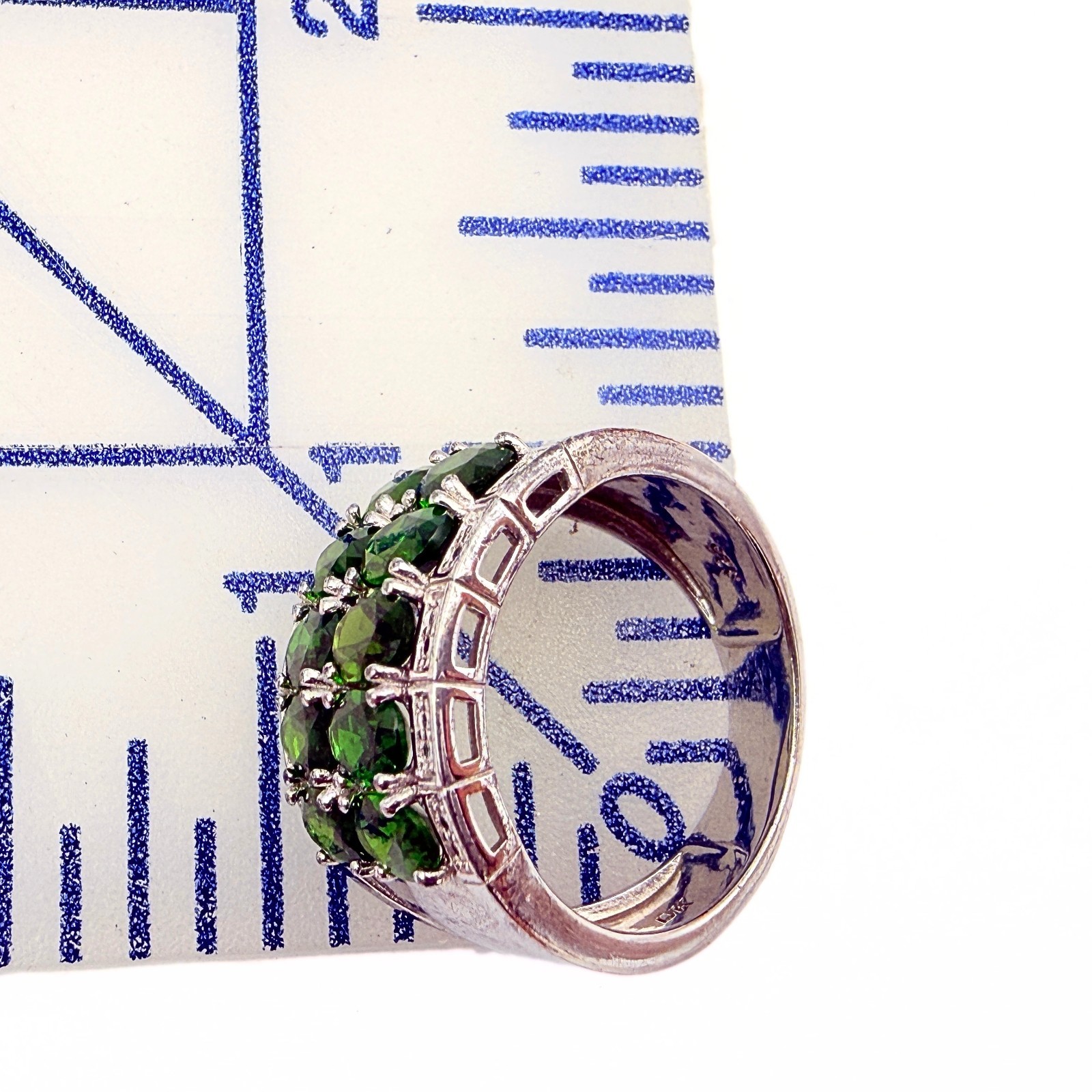 Marked DK Sterling Silver Double Row Diopside Green Iolite CZ Ring Sz 9.75