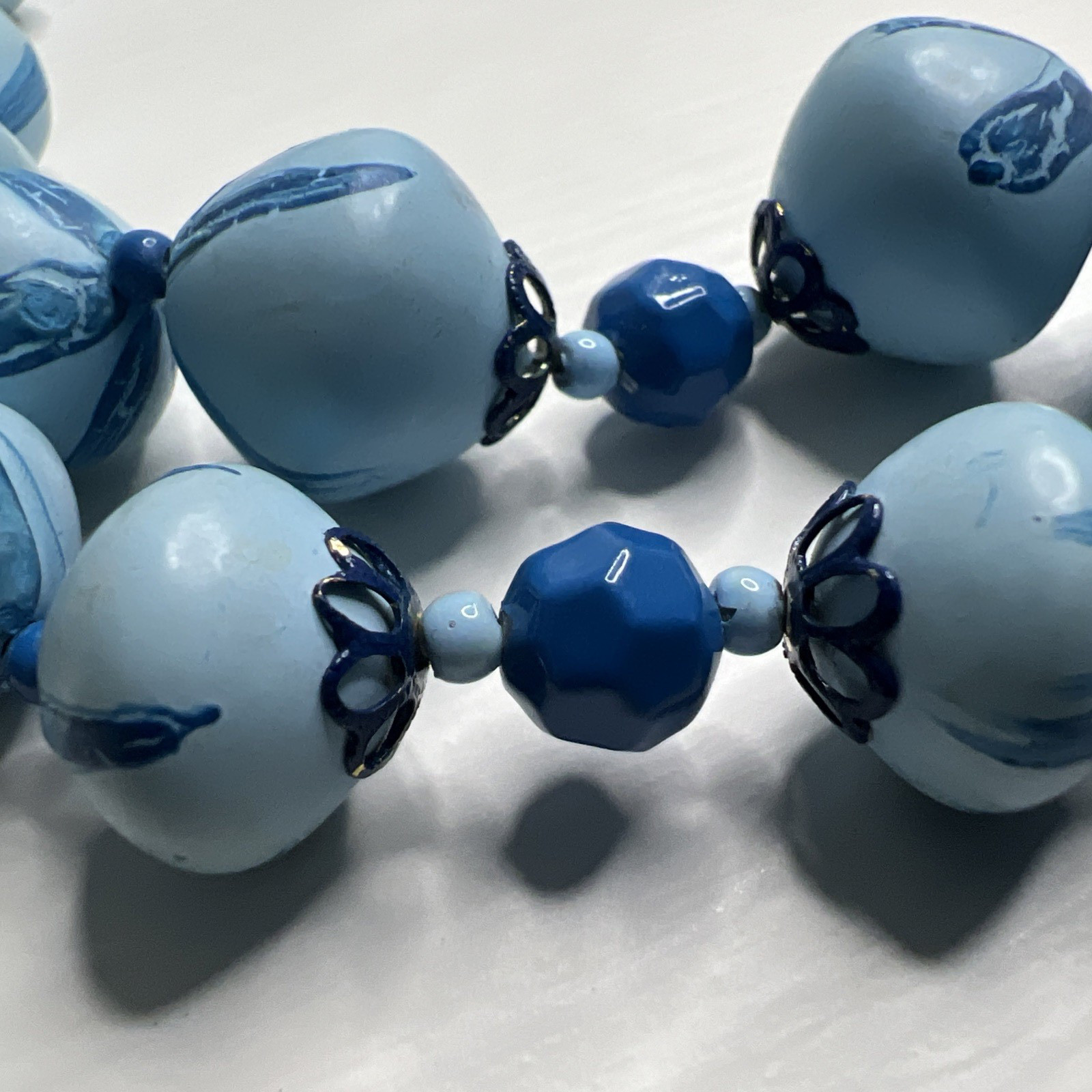 Hong Kong Blue Painted Bead Double Strand Necklace Box Tab Clasp