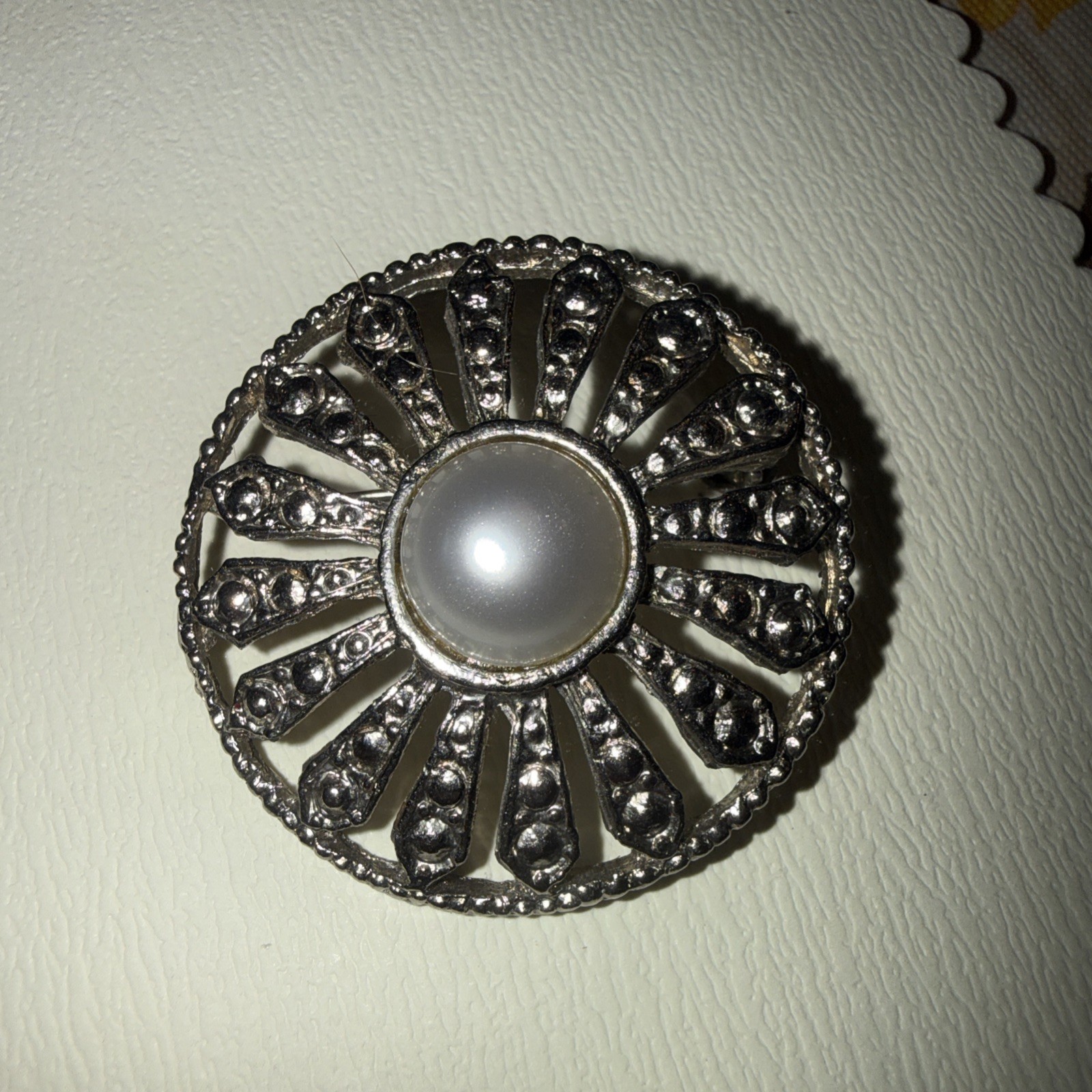 Faux Pearl Silvertone Medallion Brooch 1 1/2″ Across Pre Owned
