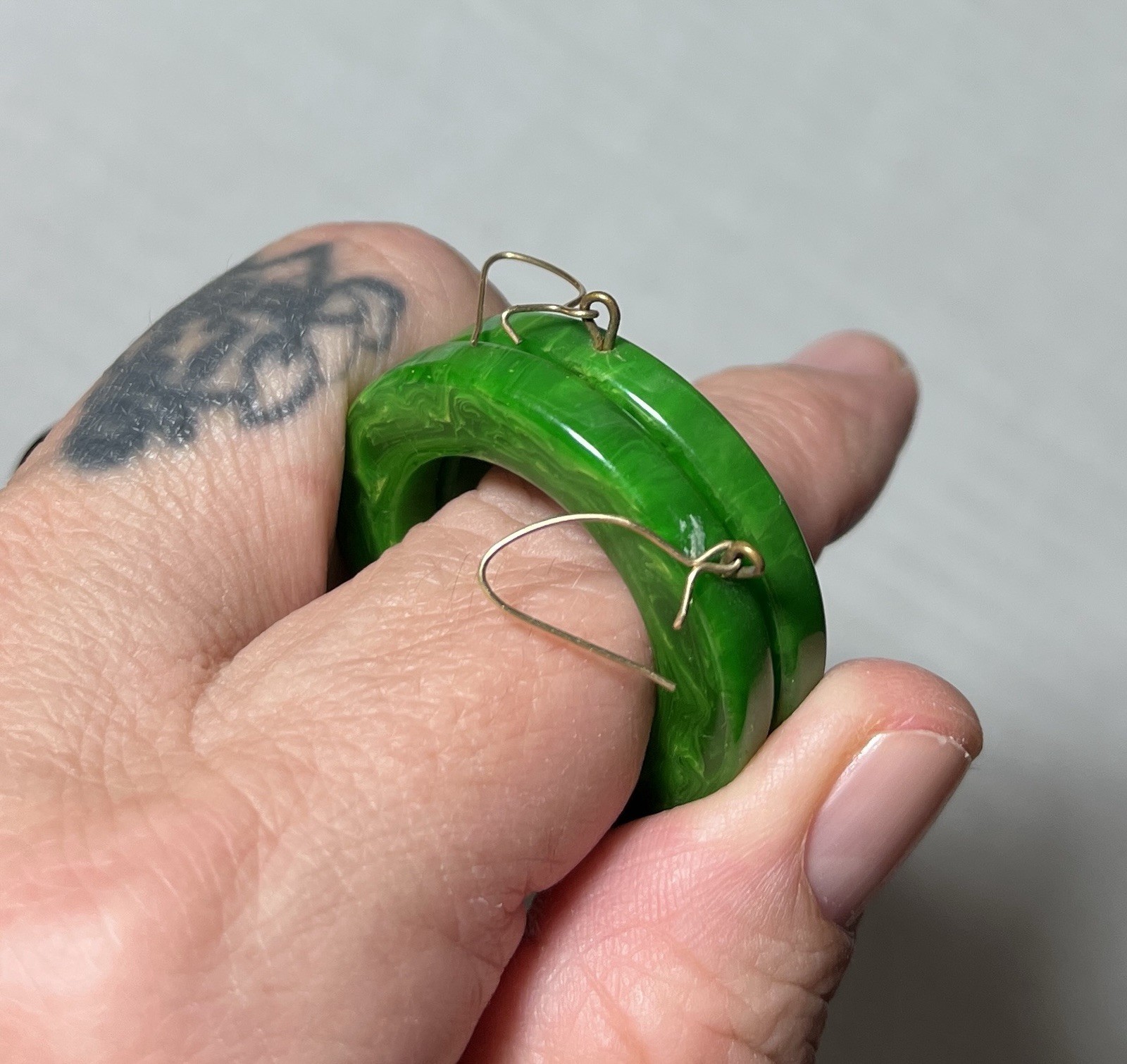 Vintage Green Bakelite Pierced Hoop Dangle Drop Earrings Marbled