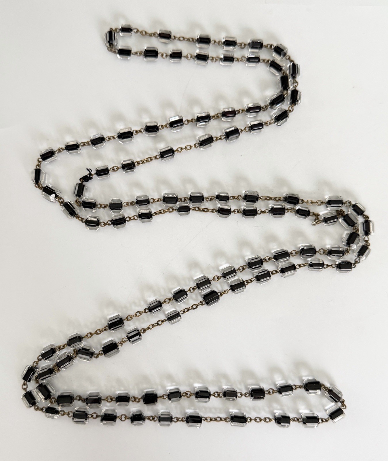 Antique Czech Jet Black & Clear Geometric Glass Bead 60″ + Extra Long Necklace