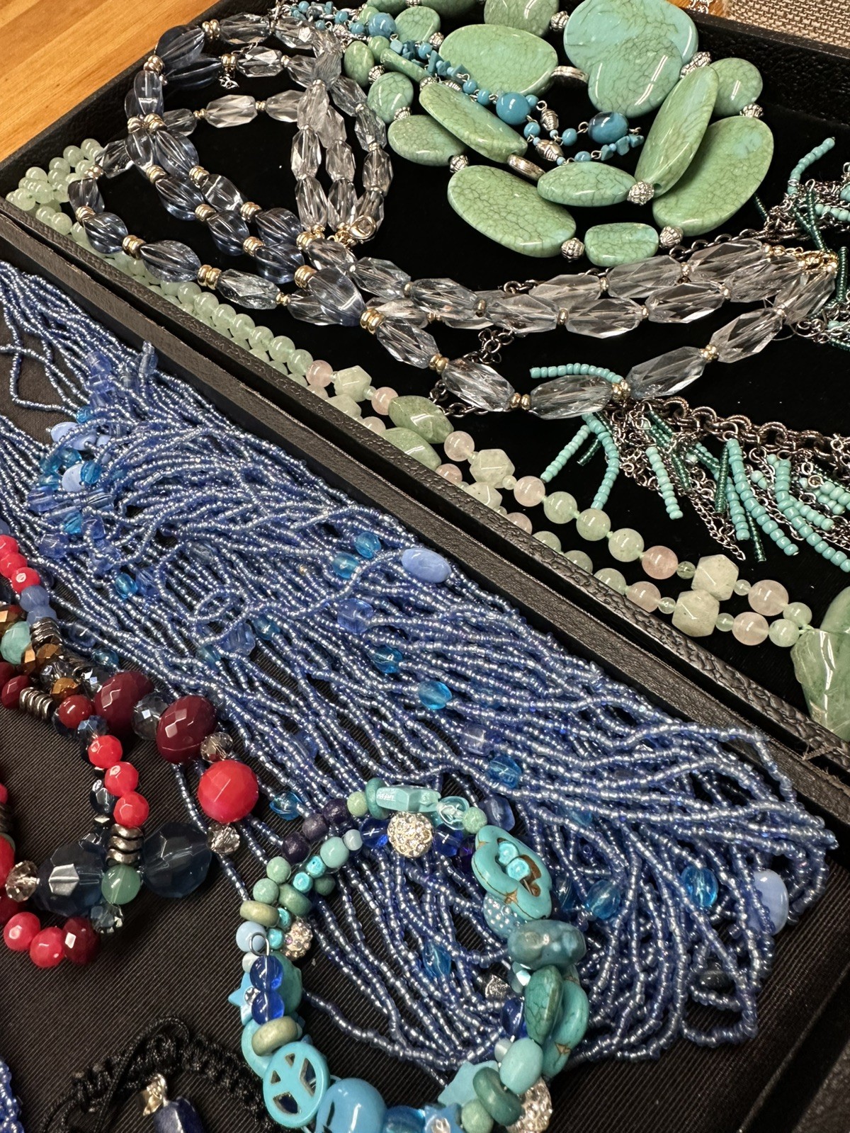 VINTAGE LOT OF COSTUME JEWELRY IN SHADES OF BLUE and purple NECKLACES and more