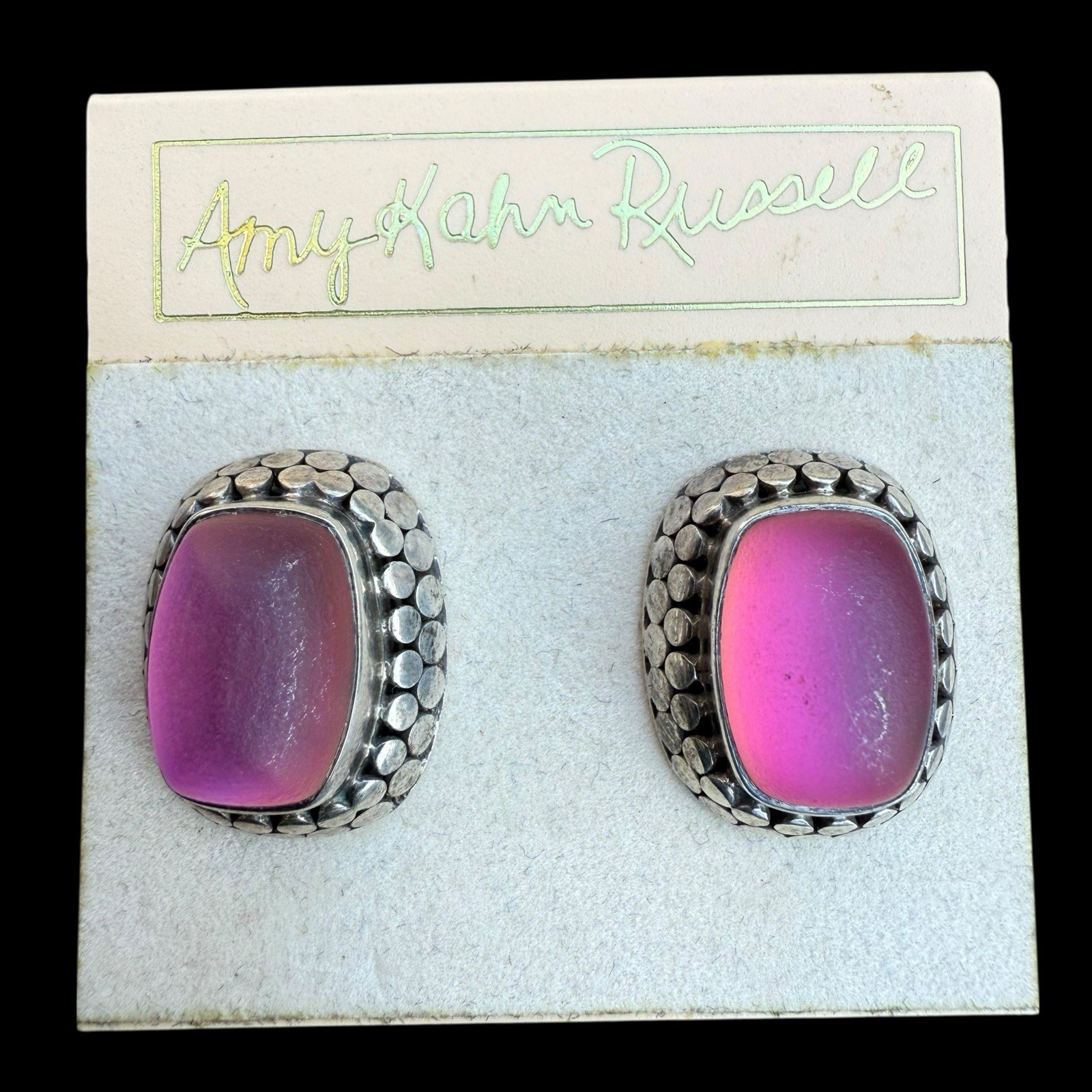 VTG Amy Kahn Russell Celestial Quartz Color Shift Sterling Clip Earrings Pink