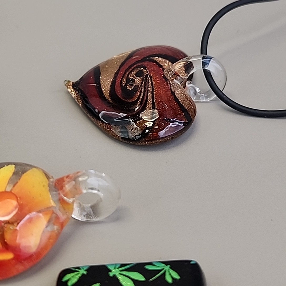 Vintage Glass Pendant Lot of 8 Red Artisan Foiled Fused One Cord