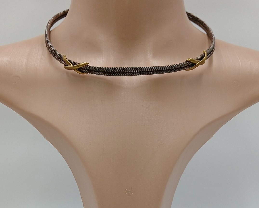 VTG 925 Taxco Mexico Heavy Cable Choker Necklace 61g Two Tone Accent End Caps