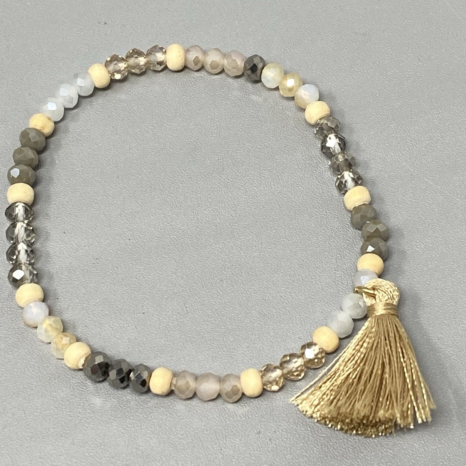 Glass Beaded Bracelet Set of 2 Cream Gray Fire Polished Faceted Tassel Stretch