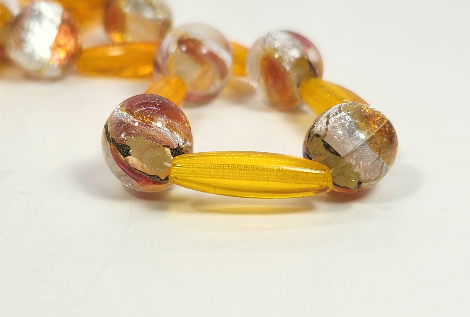 Art Glass Foil Bead Necklace Orange Silver Vtg Czech 23 Inch Oblong & Round