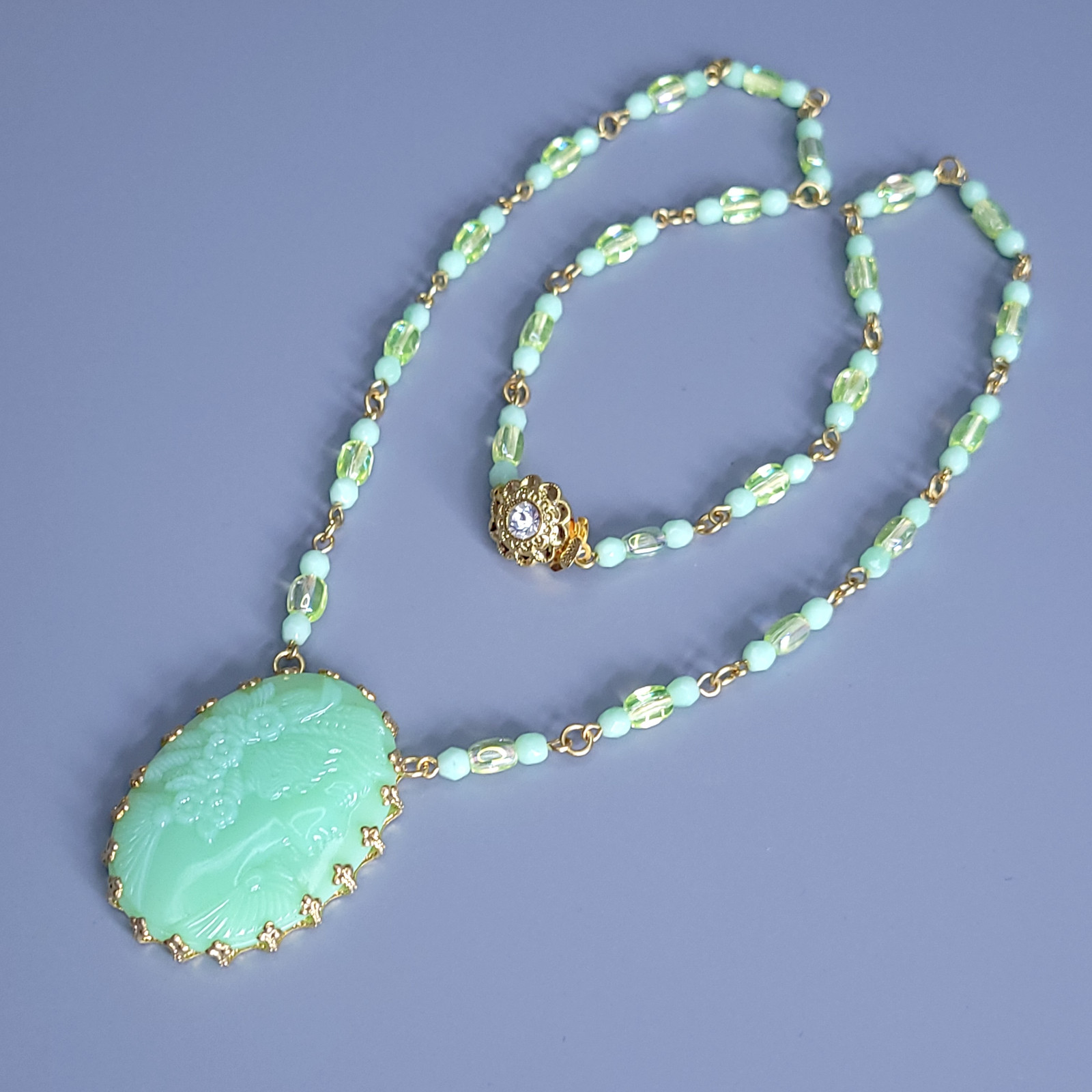 Uranium Glass Necklace 21” Cameo Pendant Vaseline Green Czech Beads