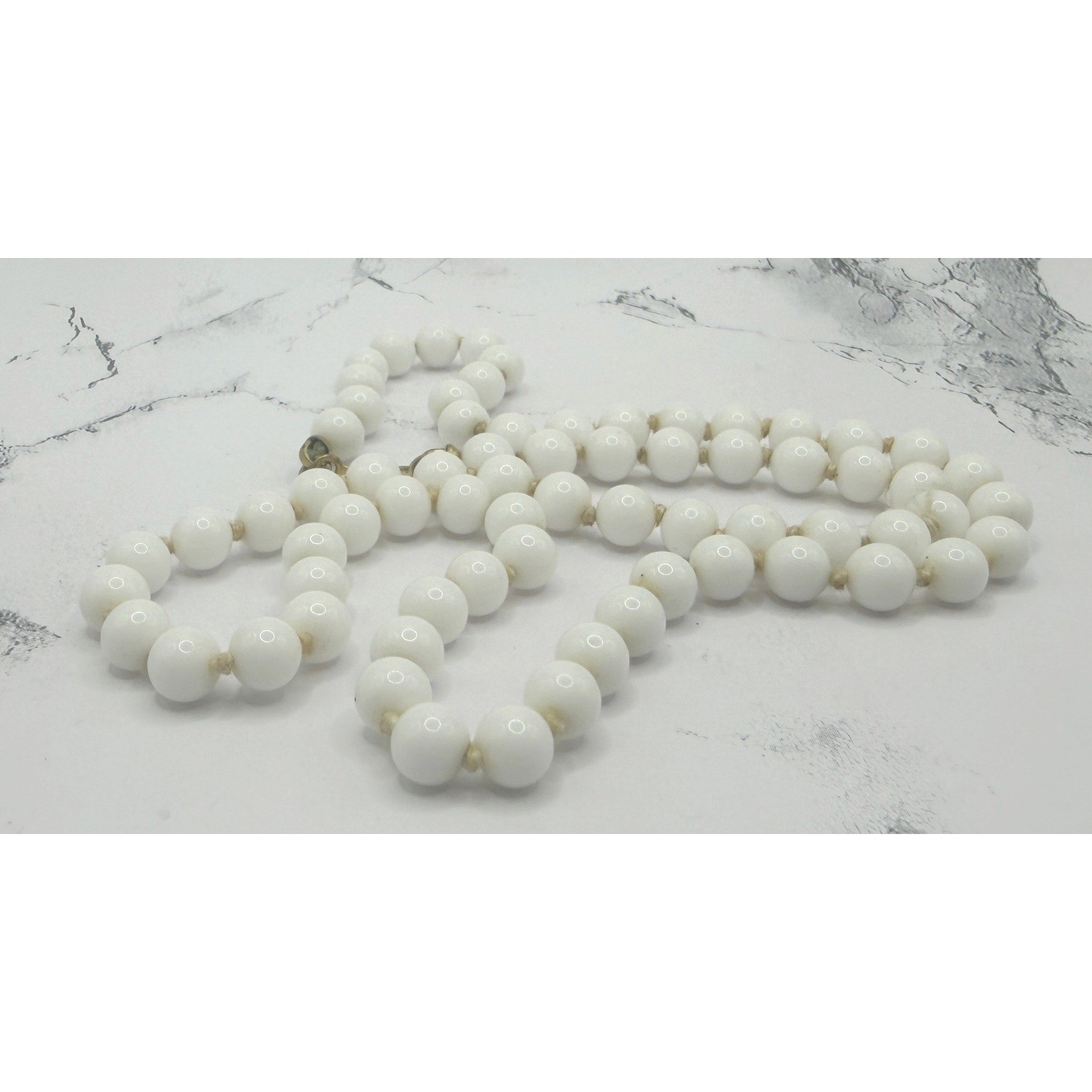 Monet White Glass Bead Necklace 18″ Hand Knotted 5.3mm Signed