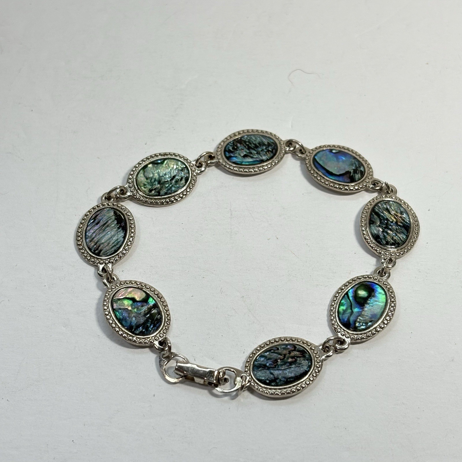 Vintage Silver Tone Abalone Link Bracelet Paua Shell Oval 8″