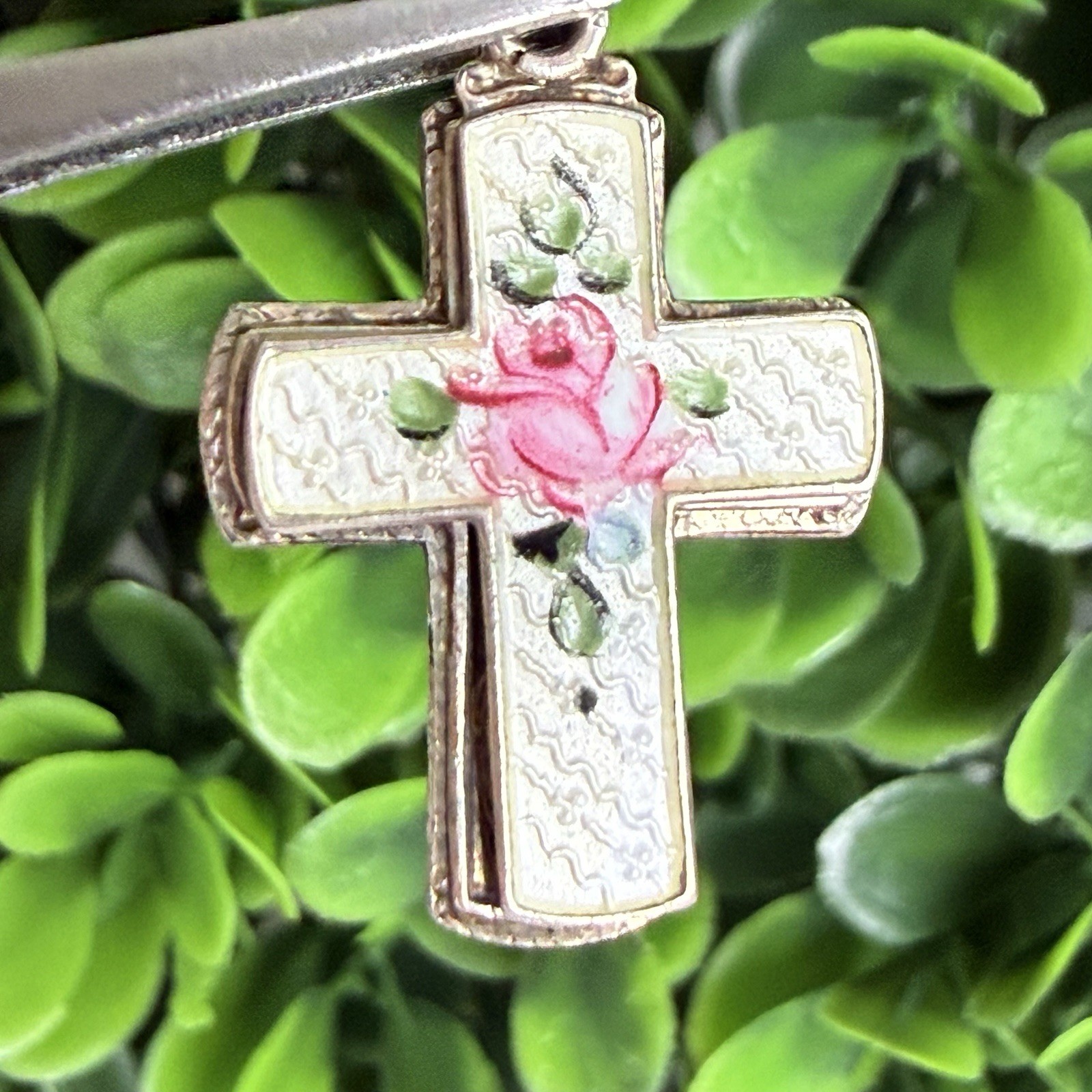 Vintage Possibly Antique Silver Guilloche Slider Rose Cross Necklace Pendant