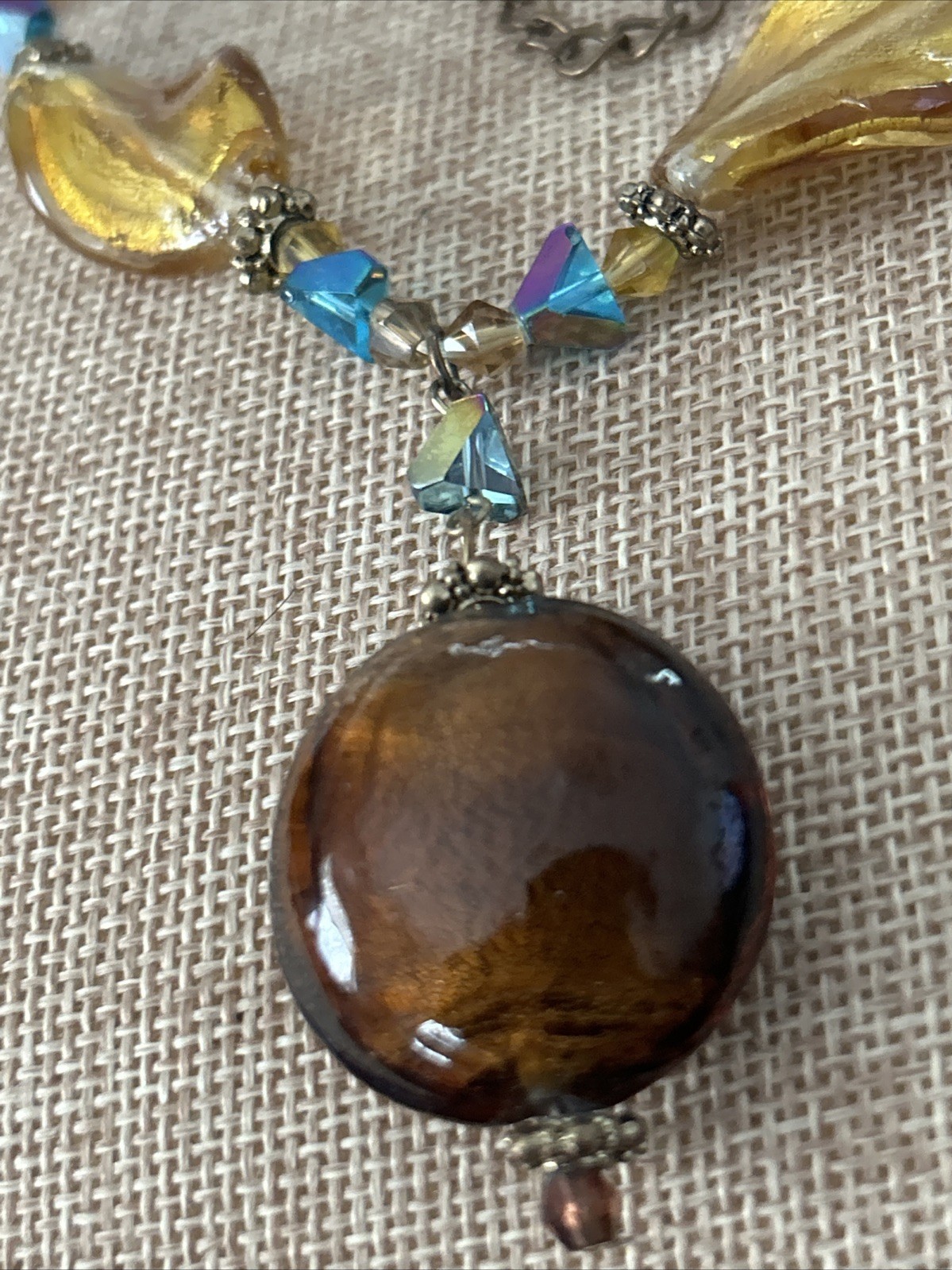 You & I Signed Vintage Boho Chunky Bead Multicolor Necklace Gold Tone Adj 19”