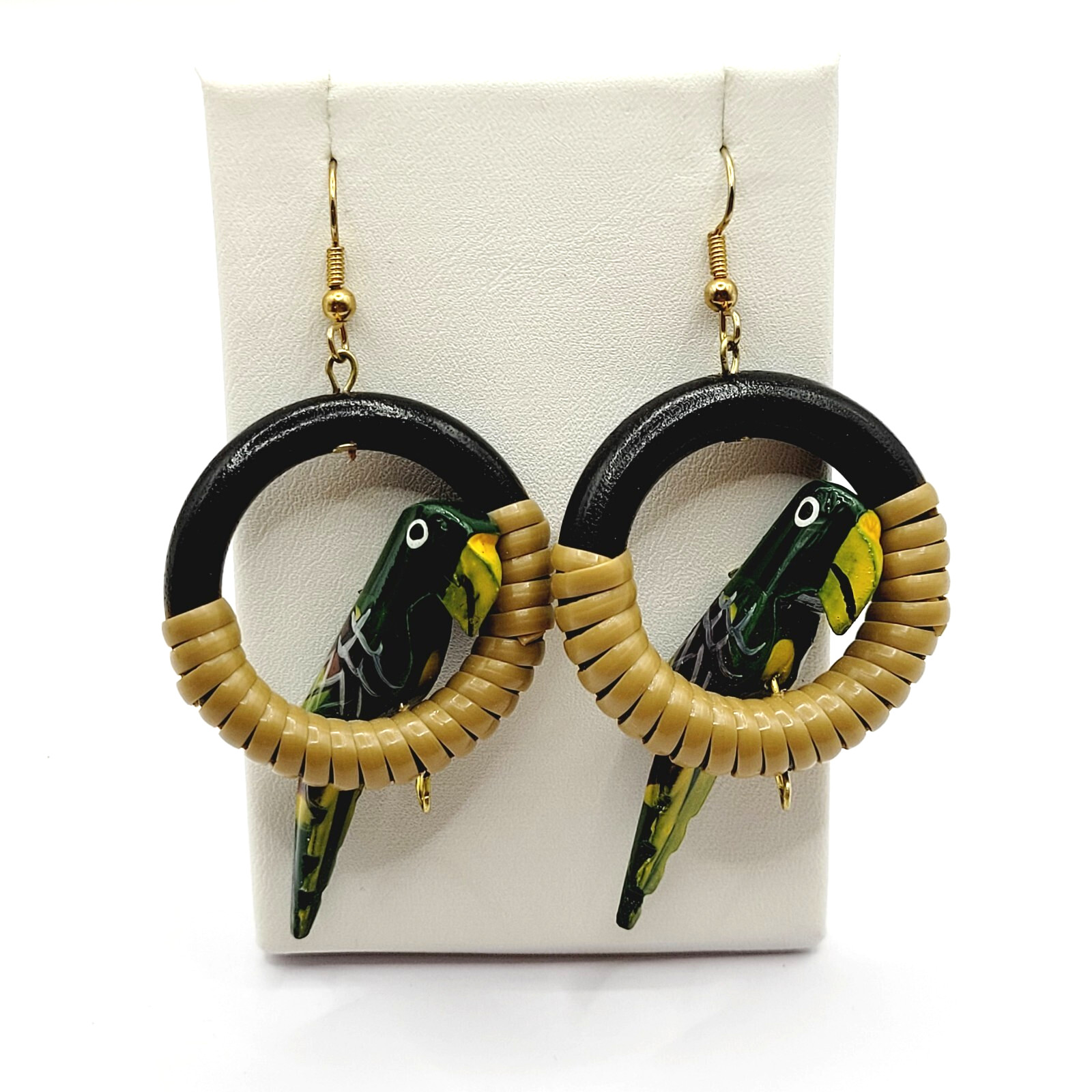 Parrot Macaw Tropical Hand Painted Carved Bird on Hoop Hook Pierced Vtg Earrings