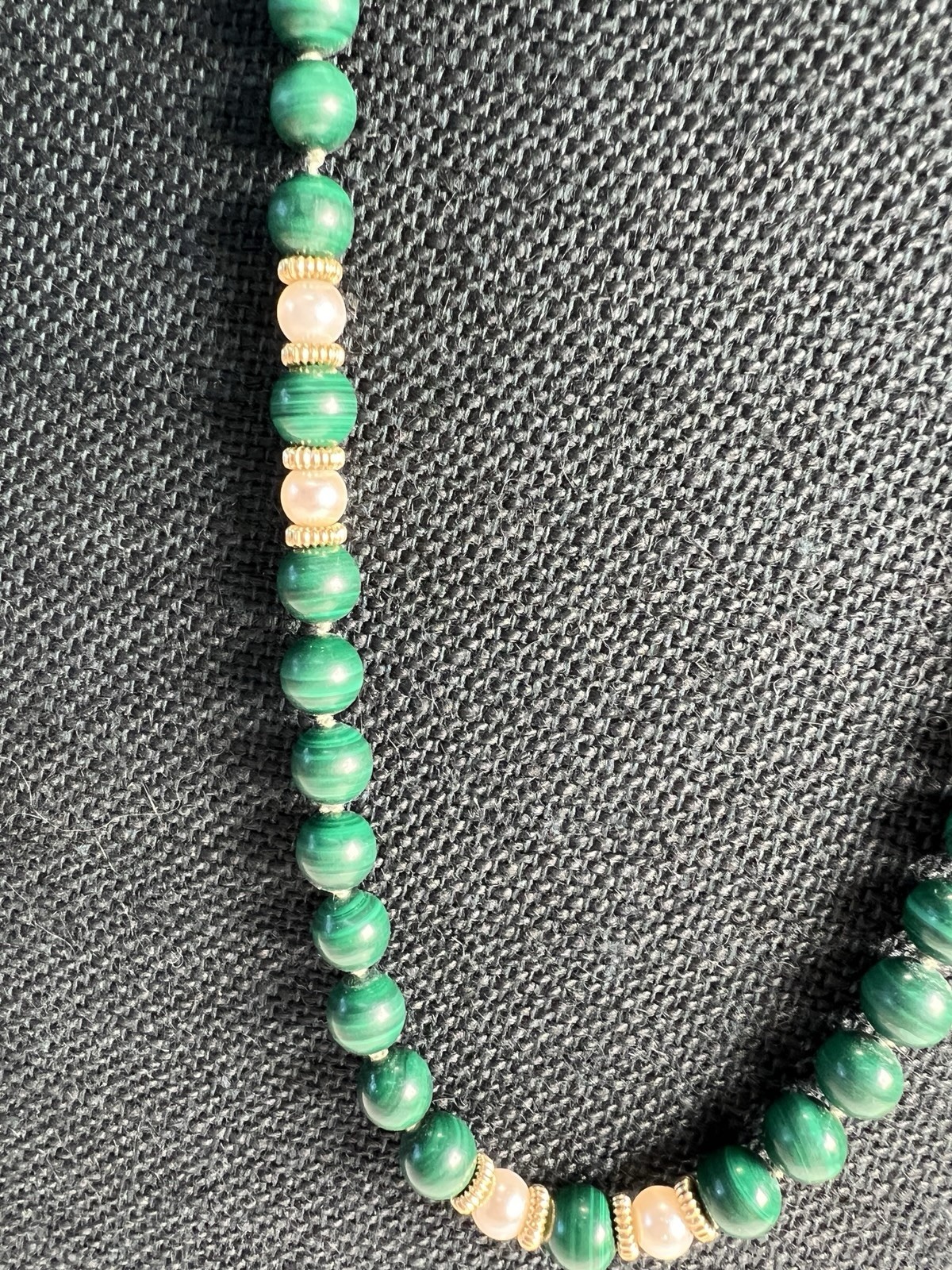 Beaded Malachite Pearl 21″ Necklace 14K Fish Hook Clasp