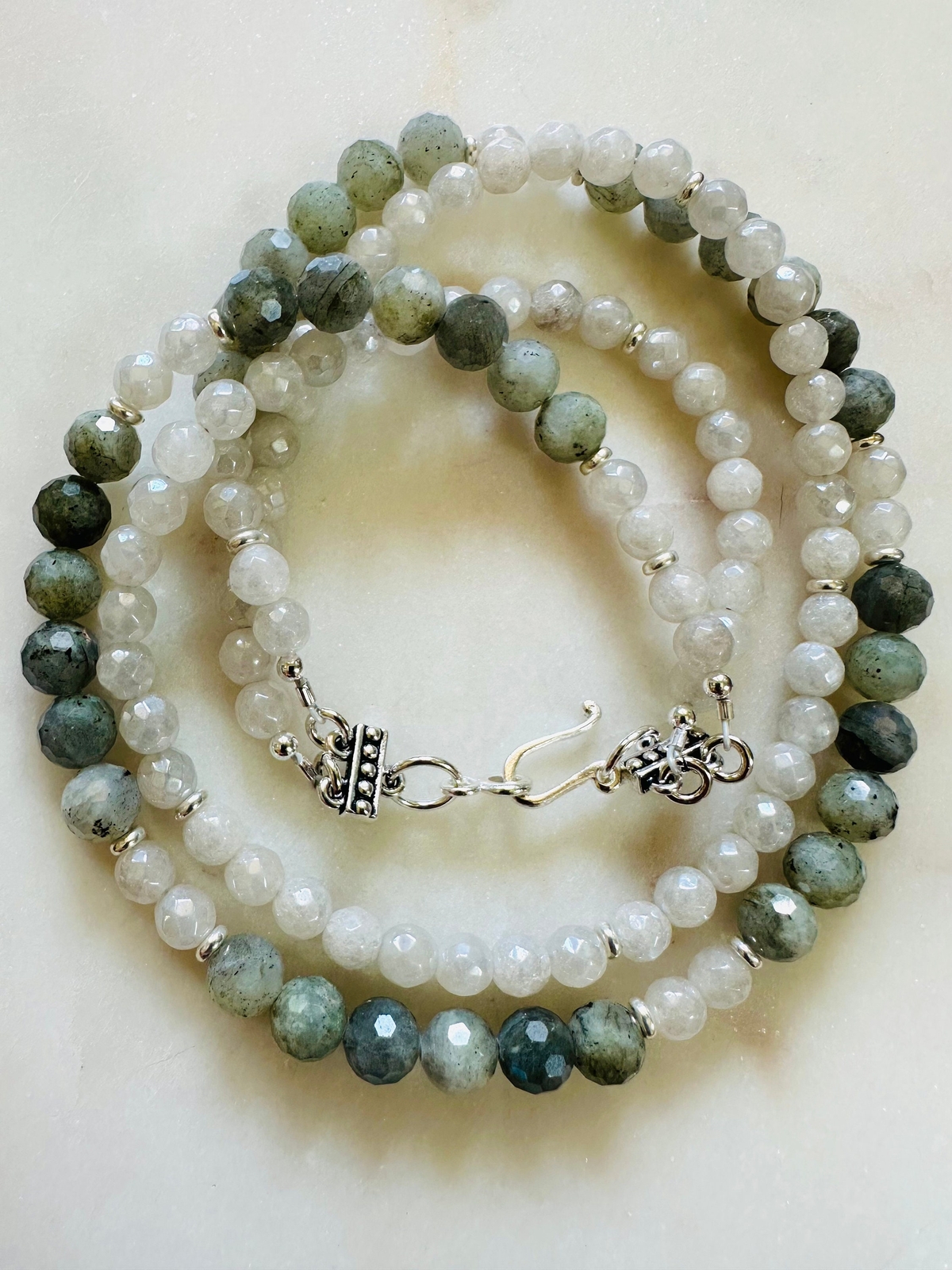 Labradorite Silverite Double Strand Beaded Necklace Non-Tarnish Silver Plated P