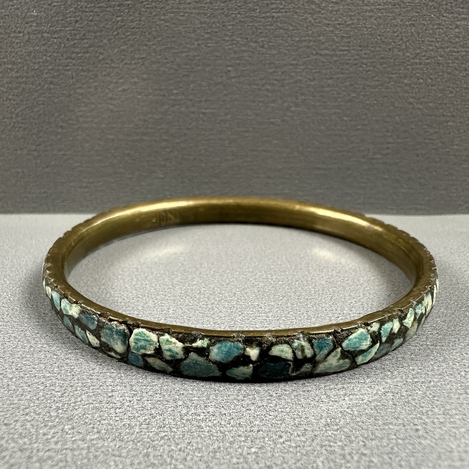 Vintage India Bangles Bracelet Mosaic Stone Brass Blue Green Inlay Set of 2