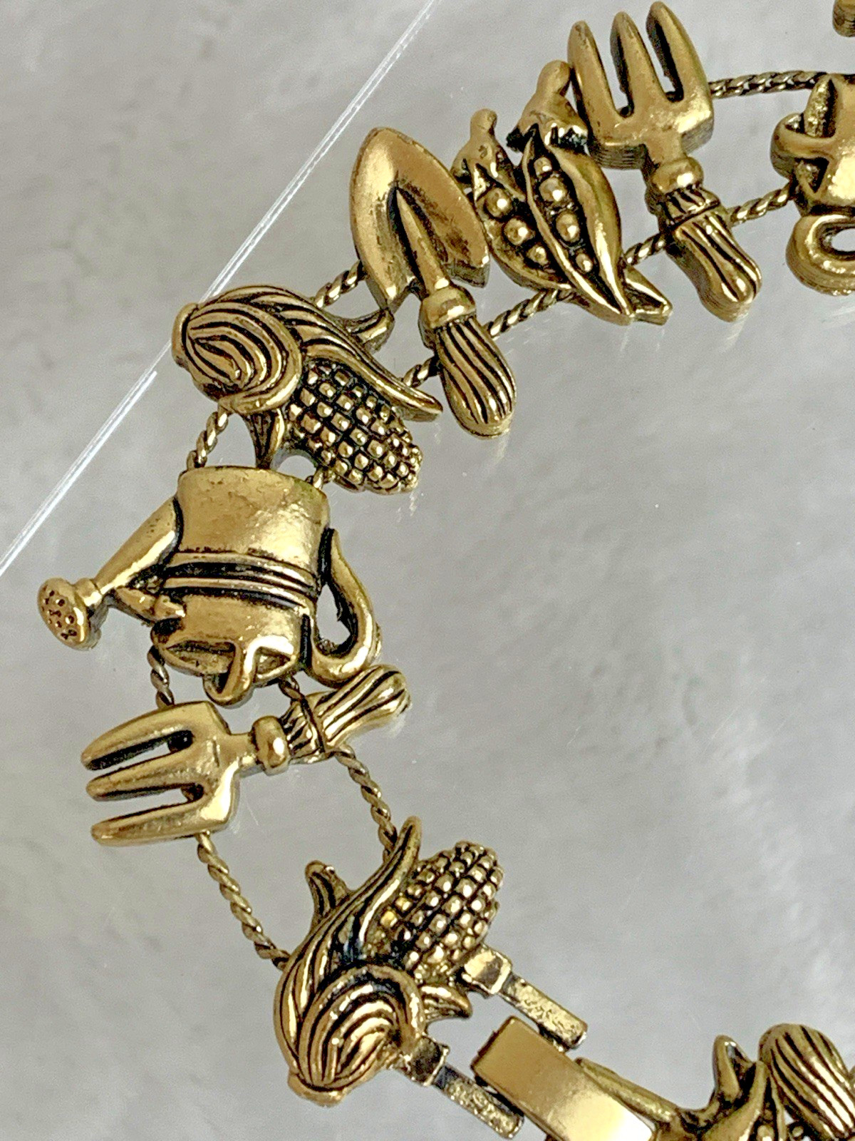 Vintage Gold Tone Gardening Slide Charm Bracelet Vegetable Harvest Garden Theme