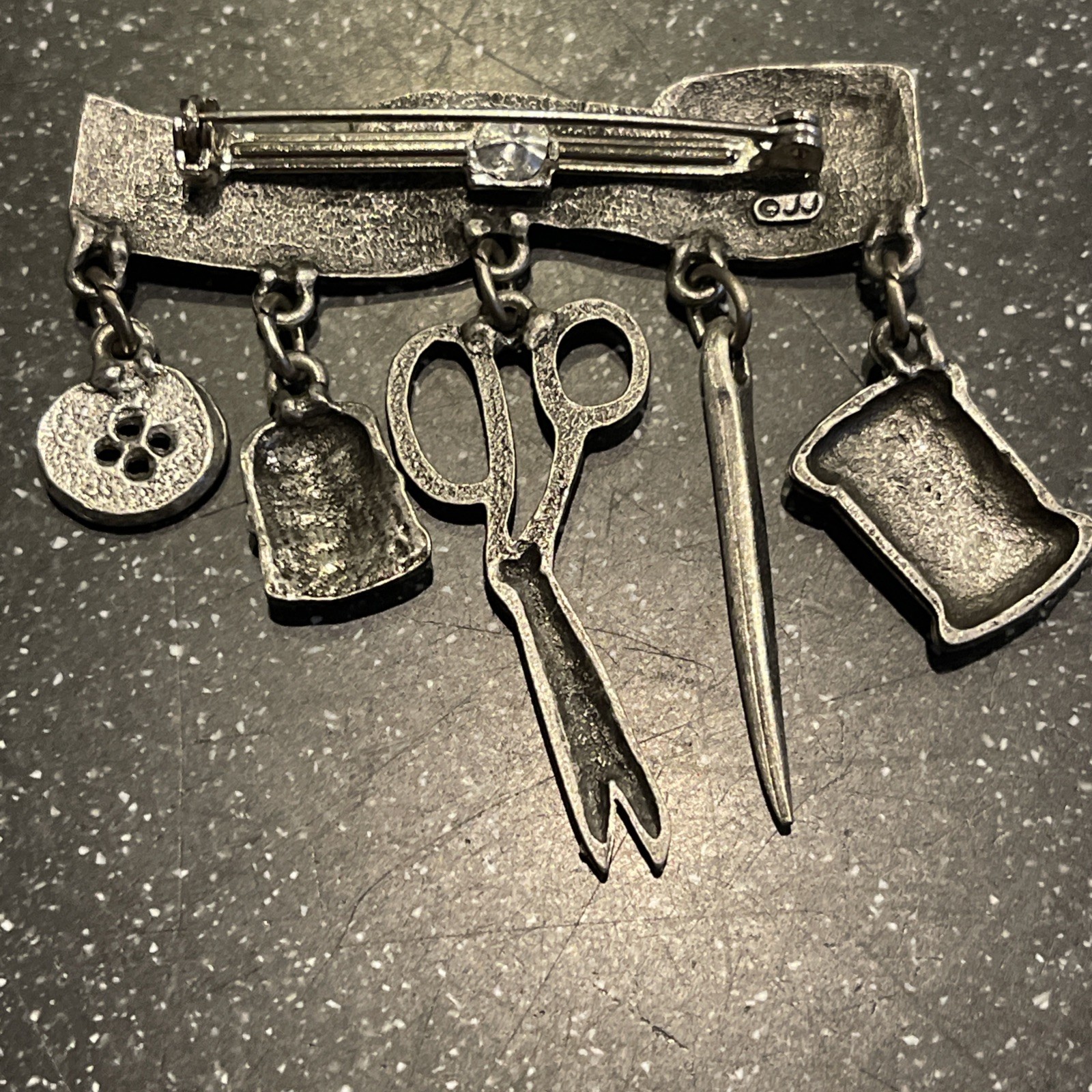 JJ Jonette Pewter-Tone Tape Measure Brooch w/ Sewing Notion Charms: Scissors +