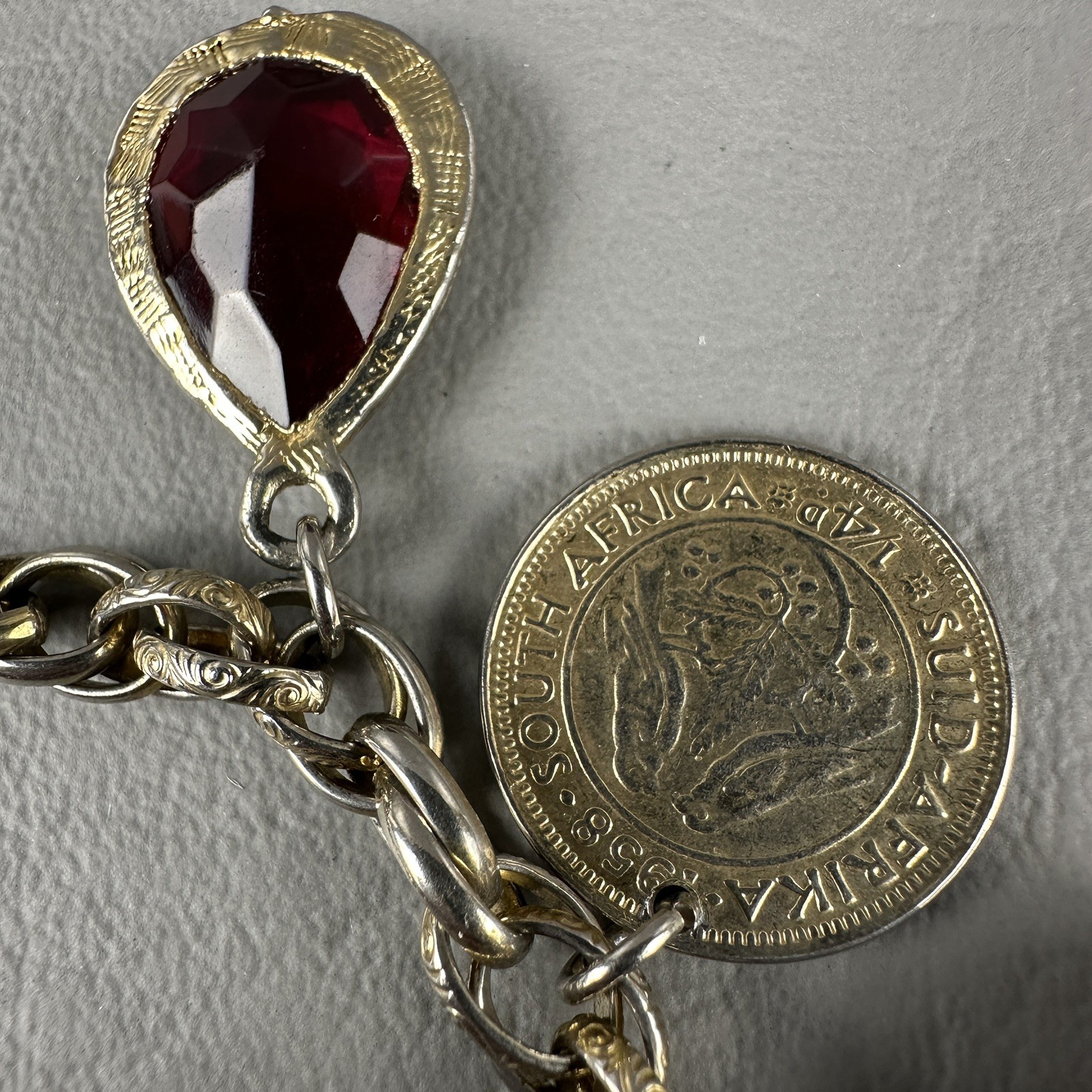Vintage Charm Bracelet Gold Tone Glass Charms South Africa Coin 6.5″