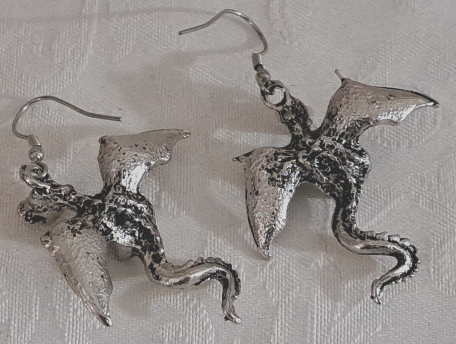 Vintage Fine Metal Dragon Serpent Pierced Earrings Purple Crystal Ball 2.25×1.5