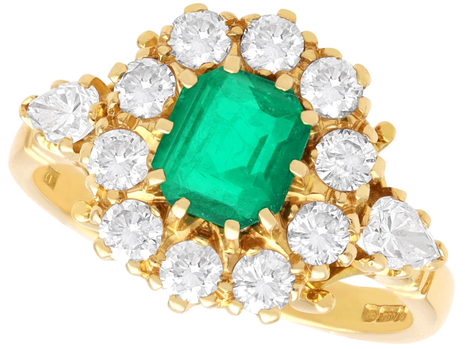 Vintage 0.93Ct Emerald and 0.90Ct Diamond 18k Yellow Gold Cluster Ring (1989)