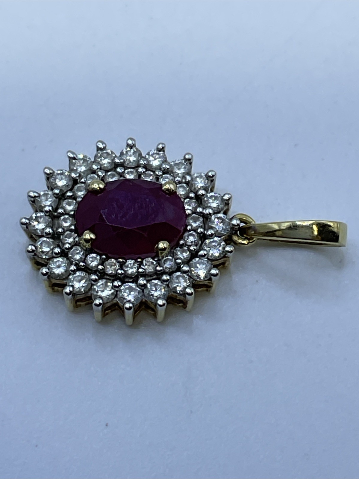 VINTAGE HANDMADE Solid 18K(750) Y.Gold Ruby & Diamonds DOUBLE HALO Style Pendant