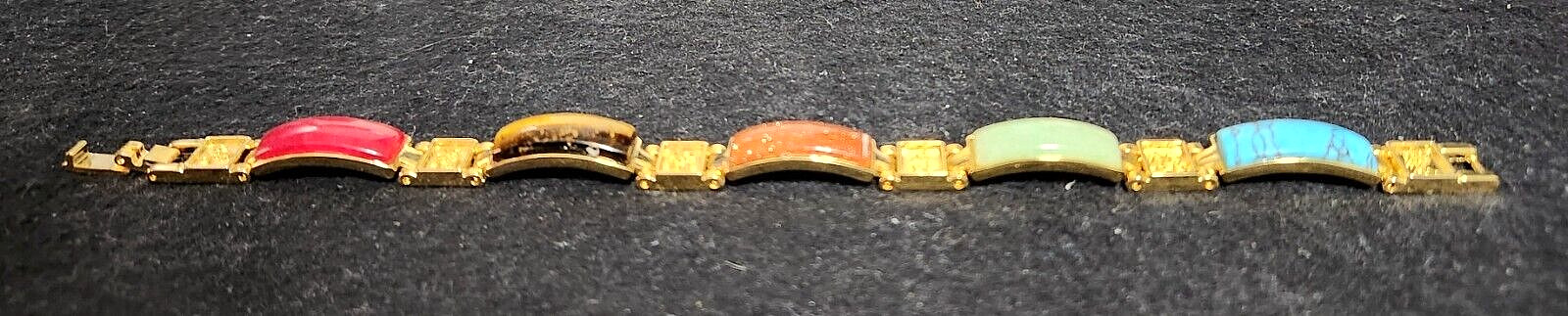 Vintage Chinese Jade Turquoise Tigers Eye Gold Tone Magnetic Link Bracelet 7.5″