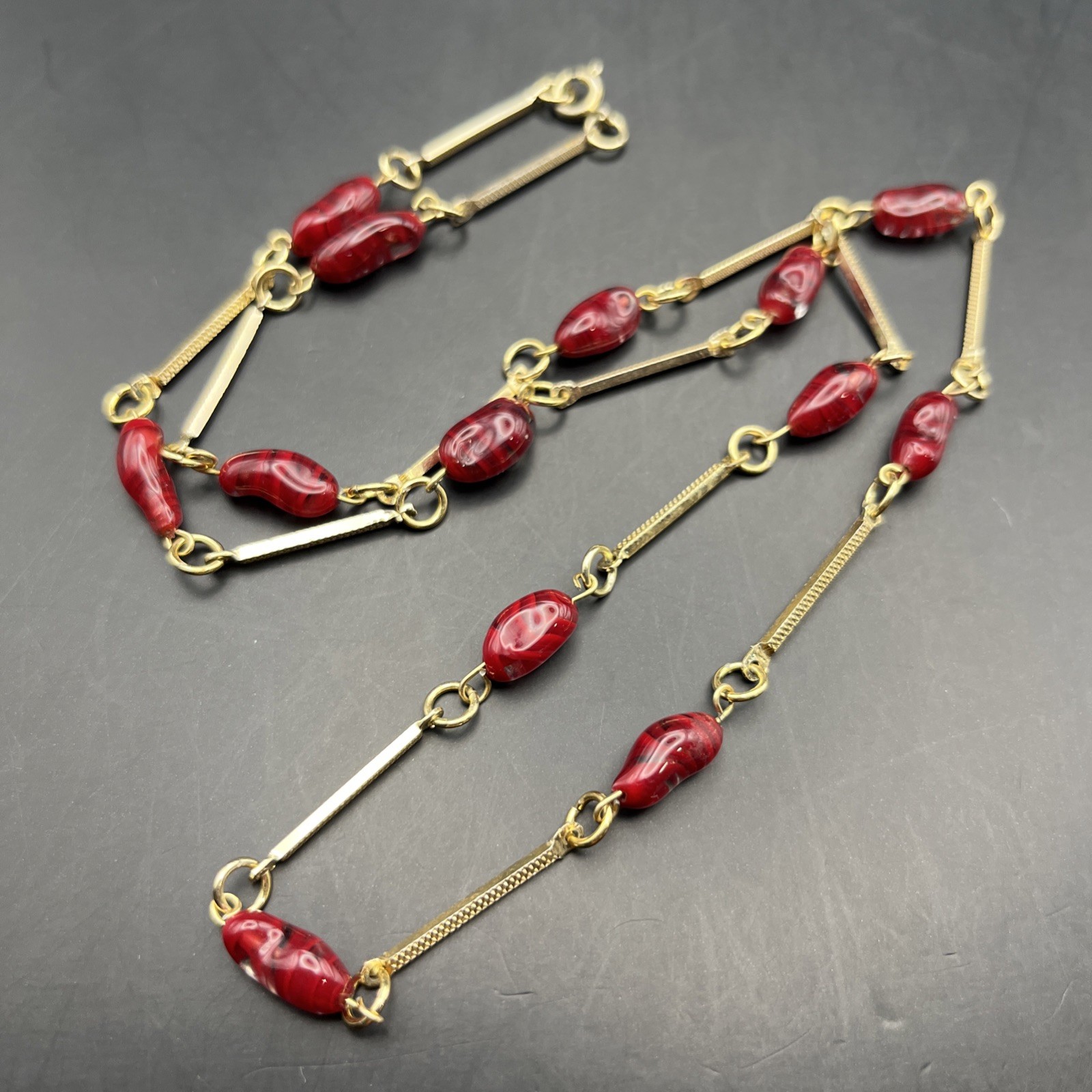Long Art Glass Station Necklace Bar Link Red Gold Tone 26 Inch Classic Vintage
