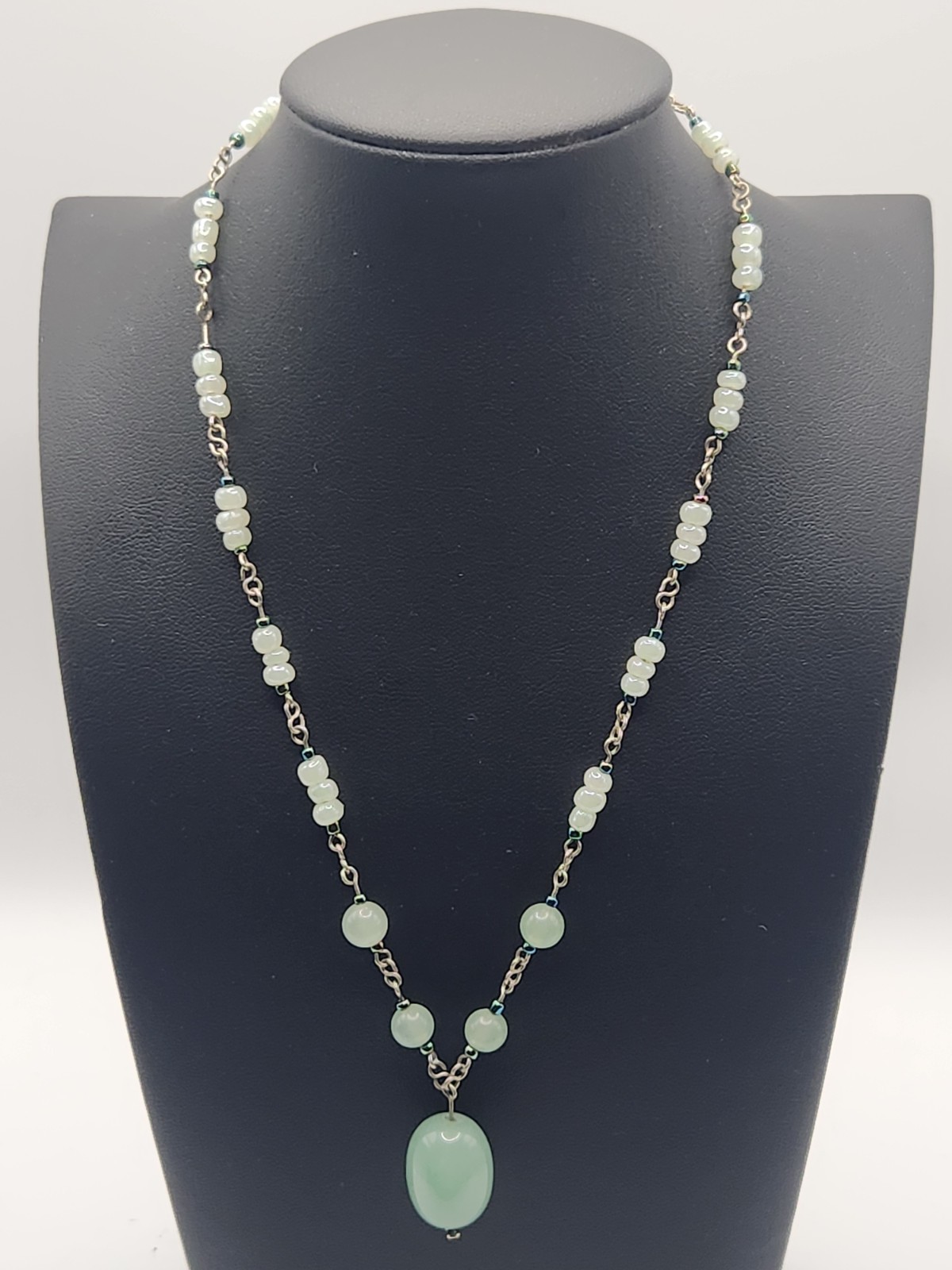 Vintage Artisan Green Bead Necklace with Pendant Drop Chain Design