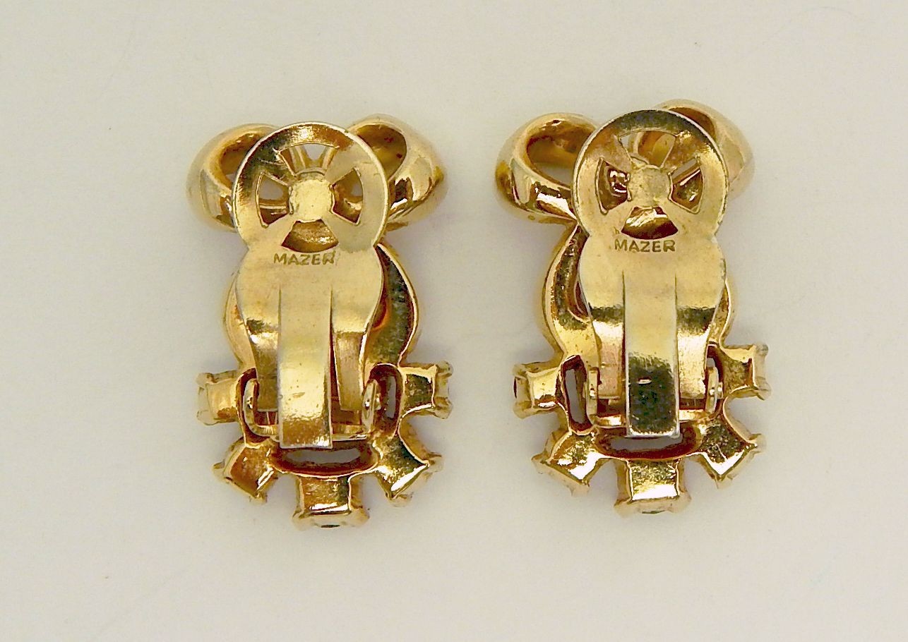 Mazer Clear & Blue Topaz Color Rhinestone Gold Tone Bow Clip Earrings Free Ship