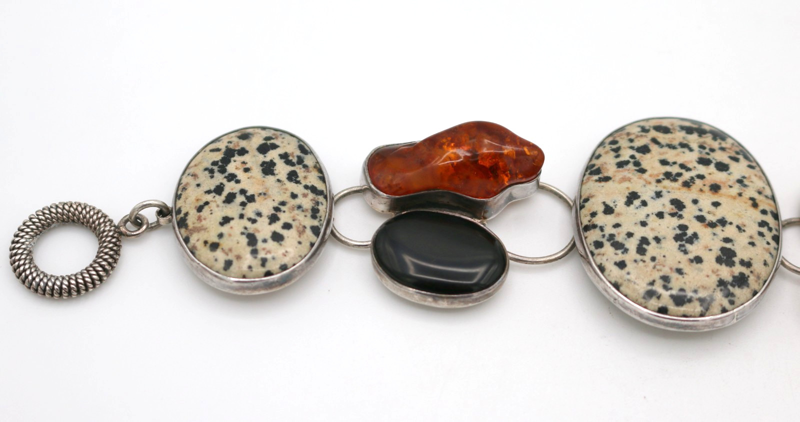 AKR Amy Kahn Russell 925 Sterling Silver Dalmatian Jasper, Amber & Onyx Bracelet