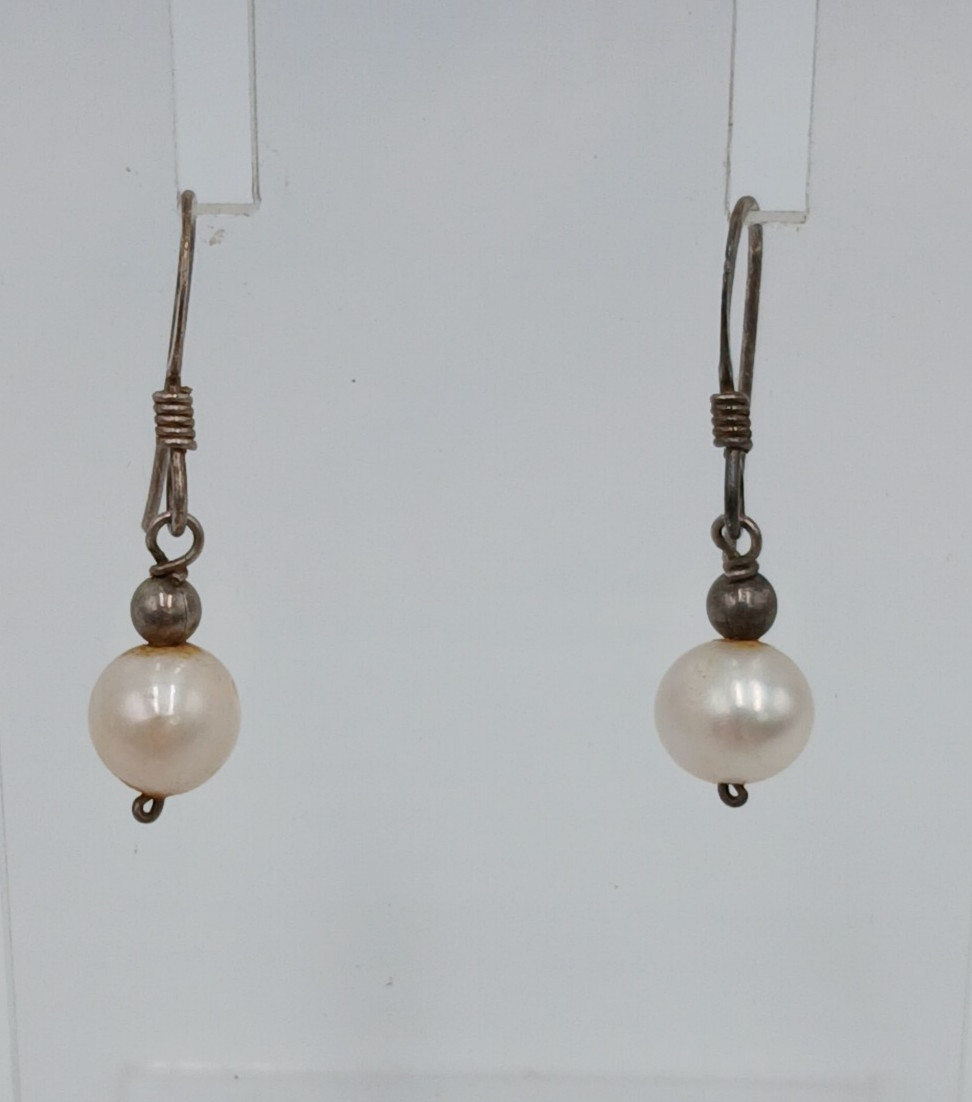 VTG 7mm Pearl Dangle Earrings 1in Drop Sterling Silver French Wire 1.43g Estate
