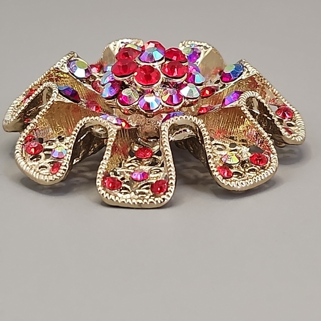 Vintage Rhinestone Brooch AB Red Bead Gold Tone Round Ruffle Wavy 2 1/8″