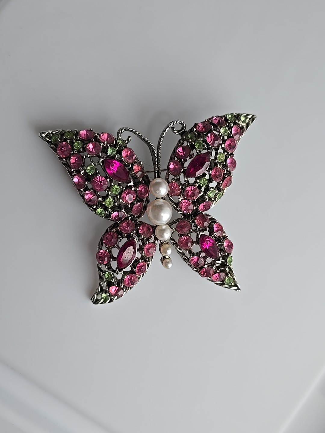 1970s Butterfly Pin Rhinestones of Pink and Green with Pearls