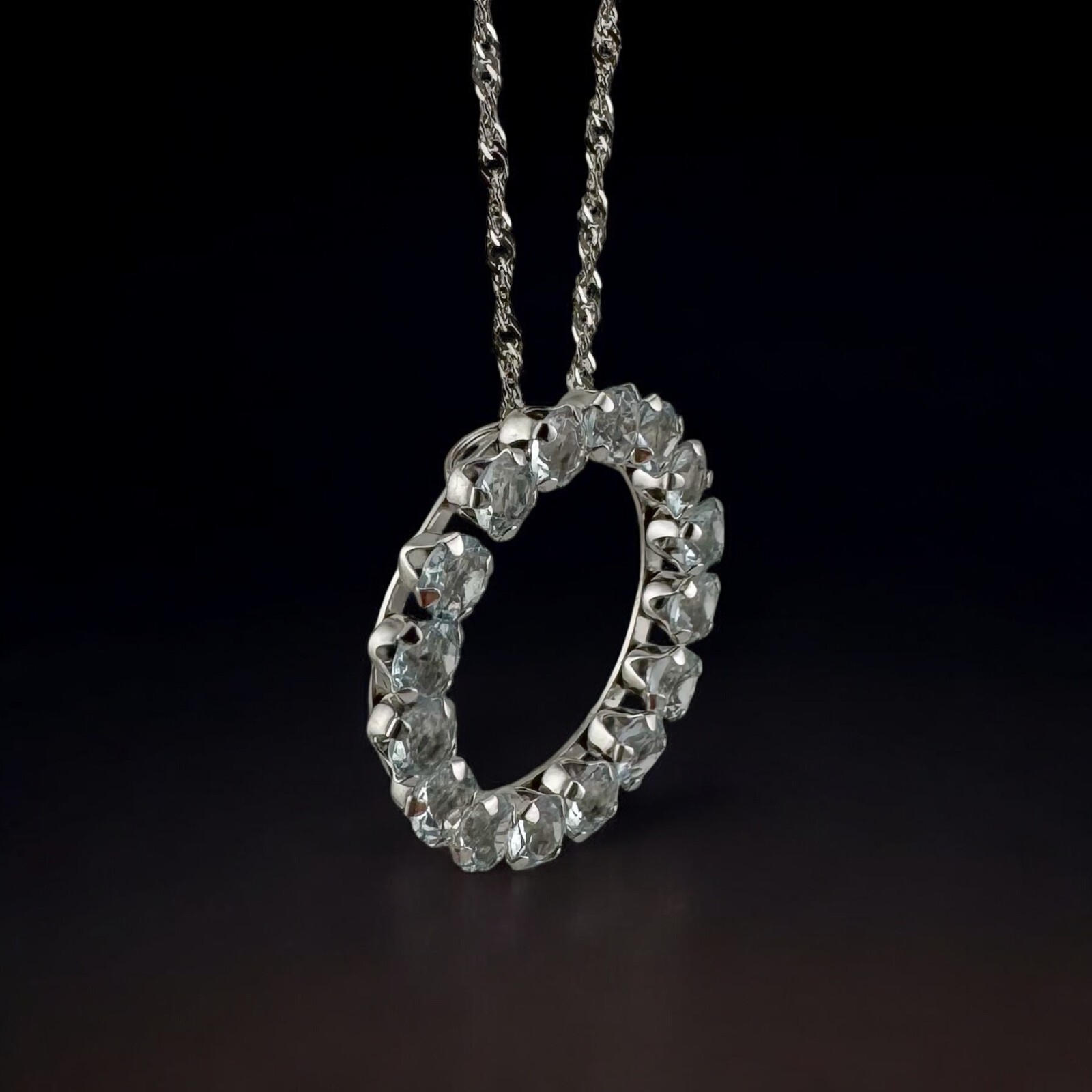 Vintage Estate 10 Karat White Gold Light Blue Topaz Circle Pendant 1.60 ctw.