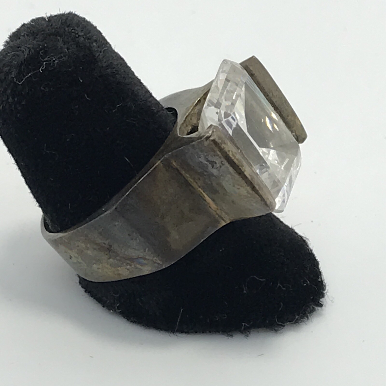 Vintage Sterling Silver & Large Emerald Cut Crystal Ring sz 7
