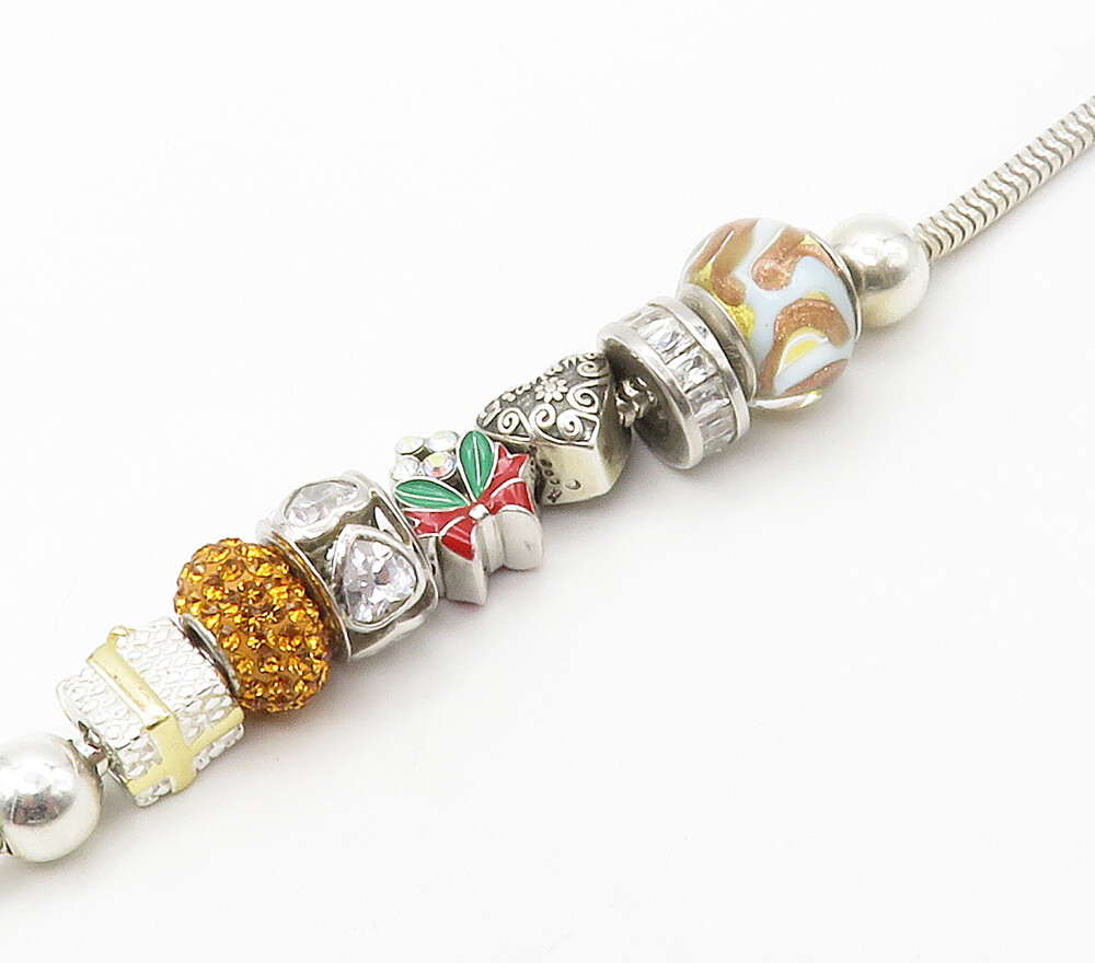 925 Silver Cubic Zirconia & Citrine Beaded Charms Chain Bracelet BT6581