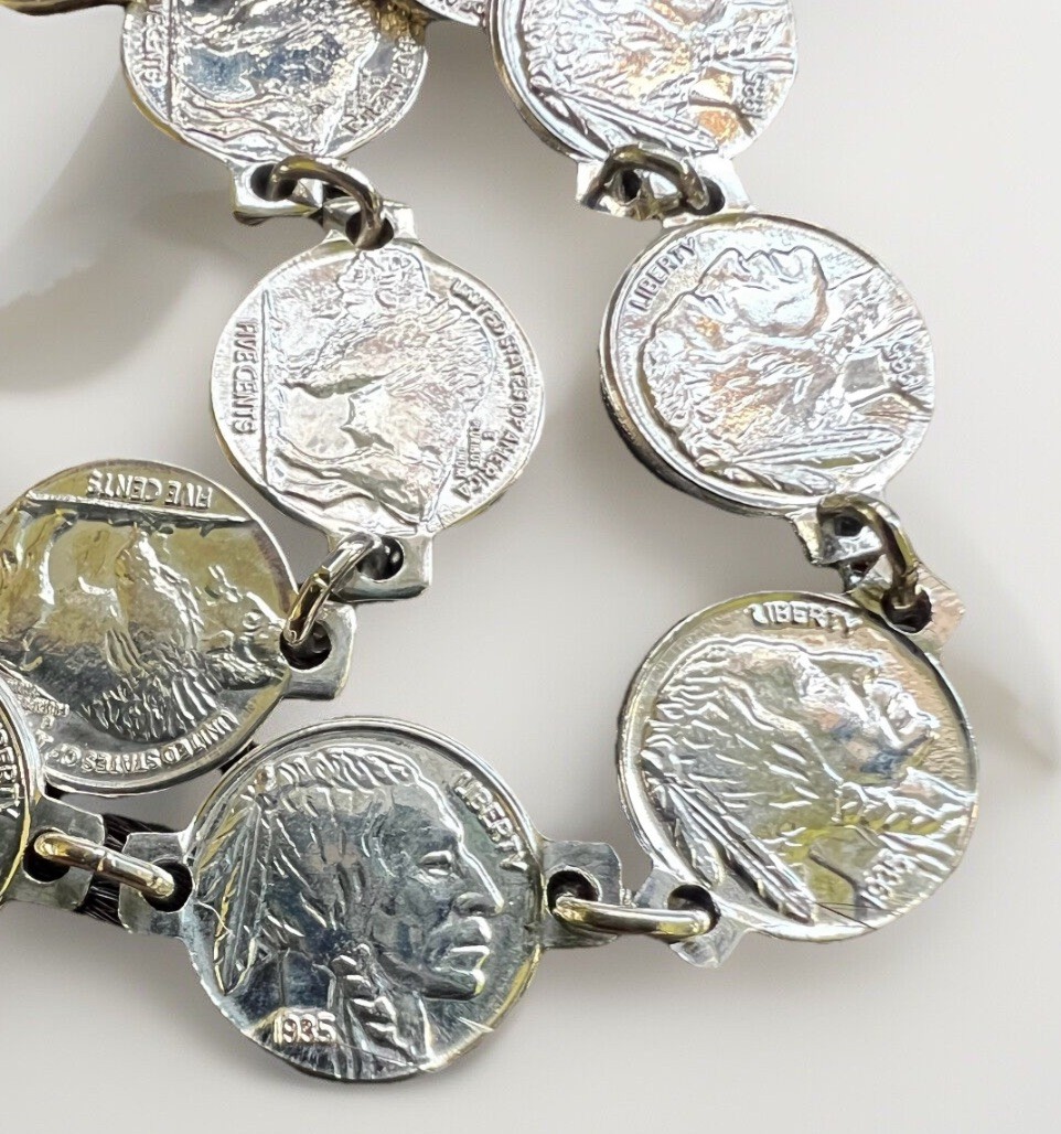 Vintage Southwest Miniature Buffalo Nickel Silvertone Necklace 38”