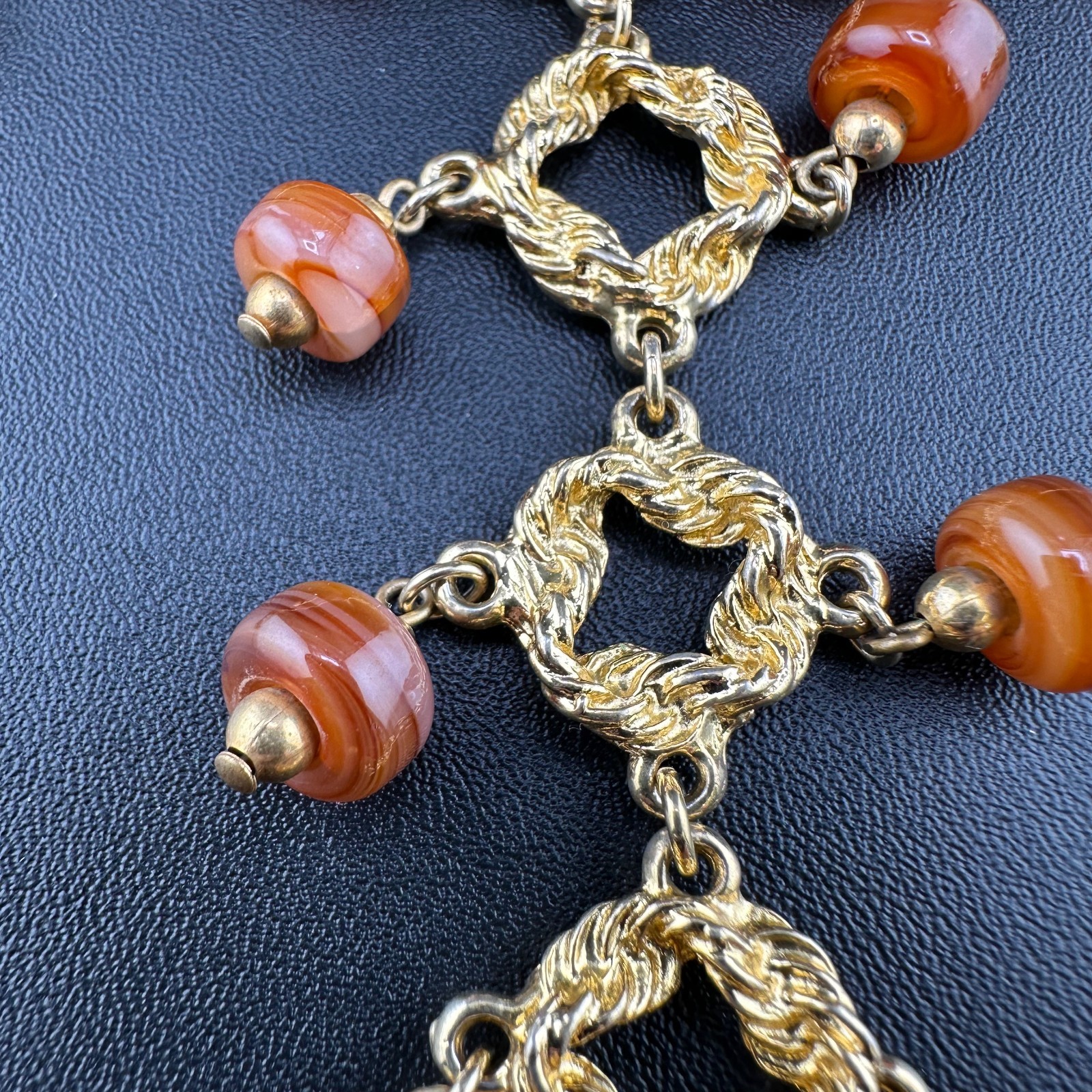 Vintage Statement Necklace Bib Fringe Hammered Gold Tone Link Agate Bead Dangles