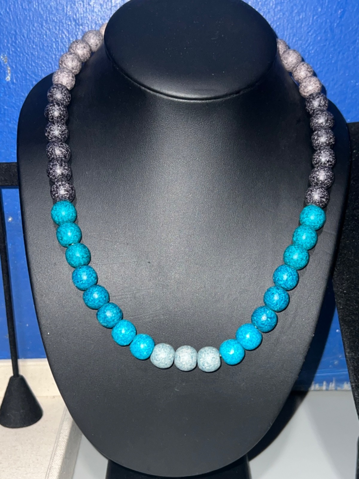 Vintage ATHENS PROTASIS Light Blue, Teal, & Greys Clay Beads on Cord Necklace