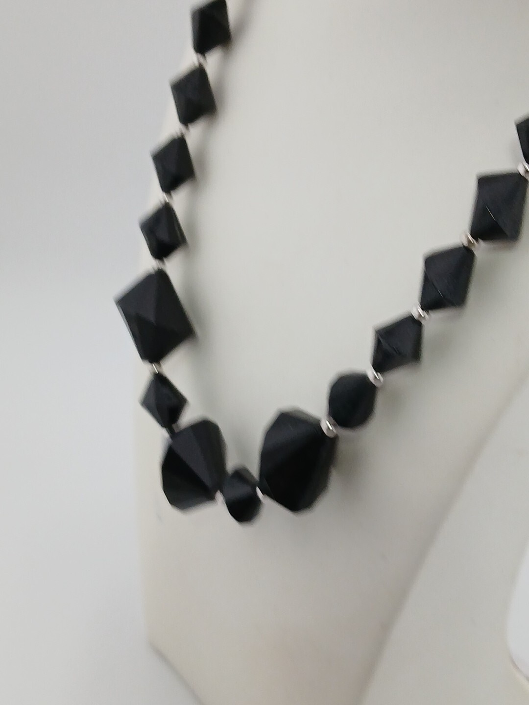 TRIFARI vintage black lucite bicone graduated beads silver tone accents necklace