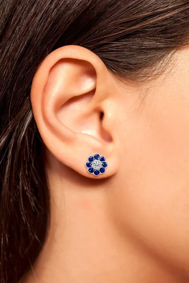 Art Deco Style Lab Created Diamond Sapphire Women Stud Earring 14K White Gold FN
