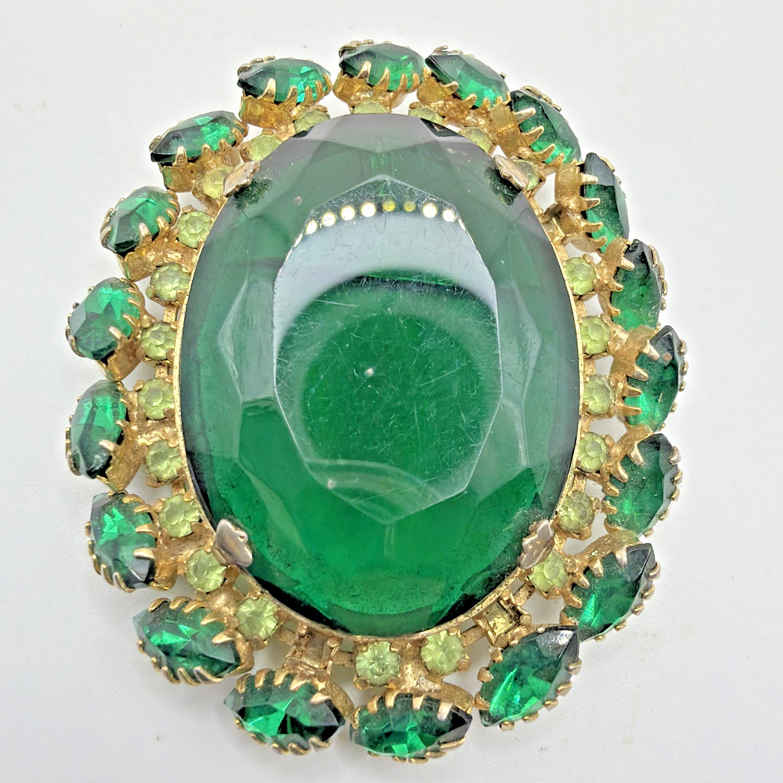 Vintage Gold Toned Austria Emerald Crystal Brooch Pendant
