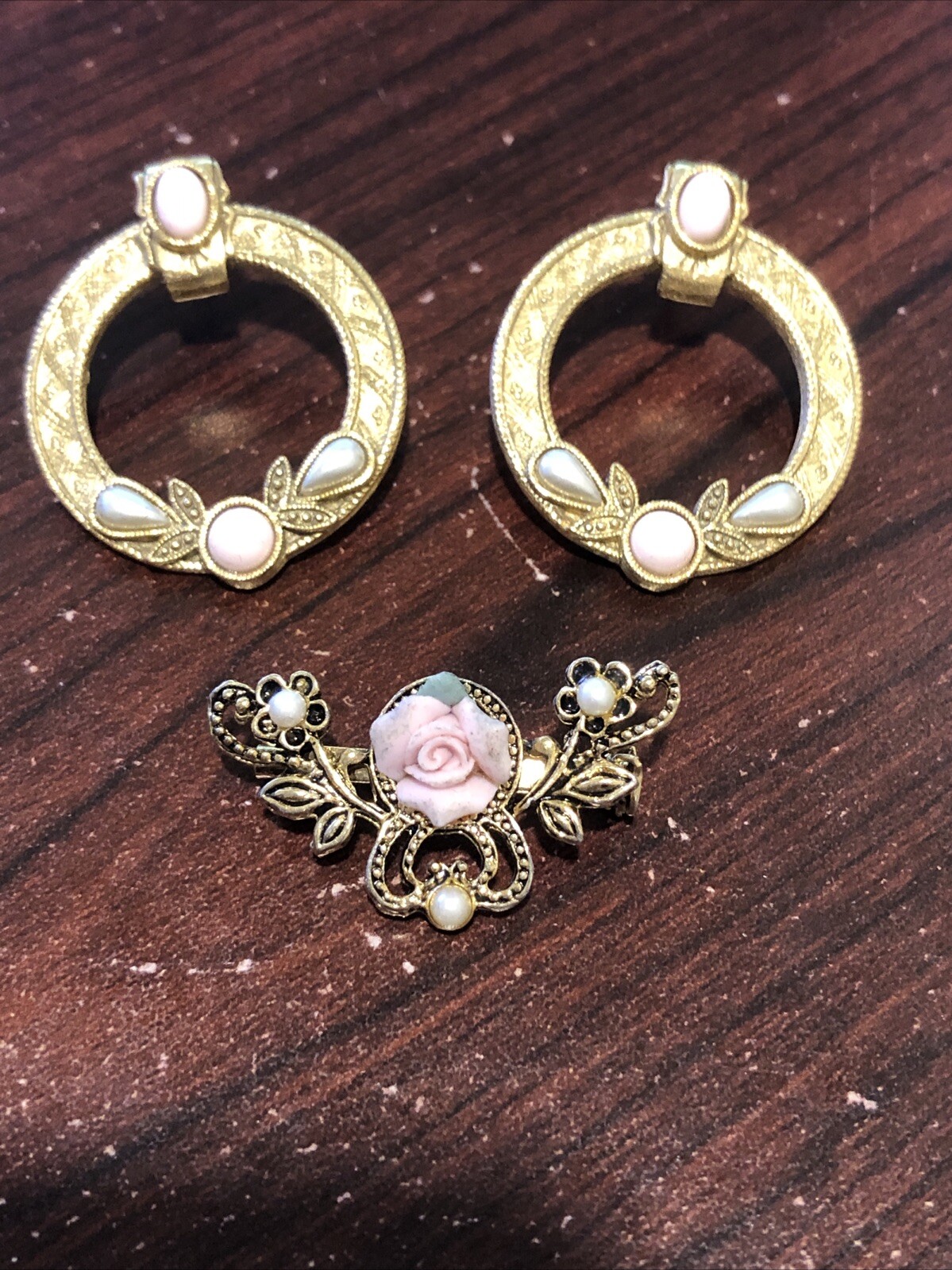 1928 Style Gold Tone Pierced Earrings Faux Pink Pearl and Gray Teardrop w/Brooch