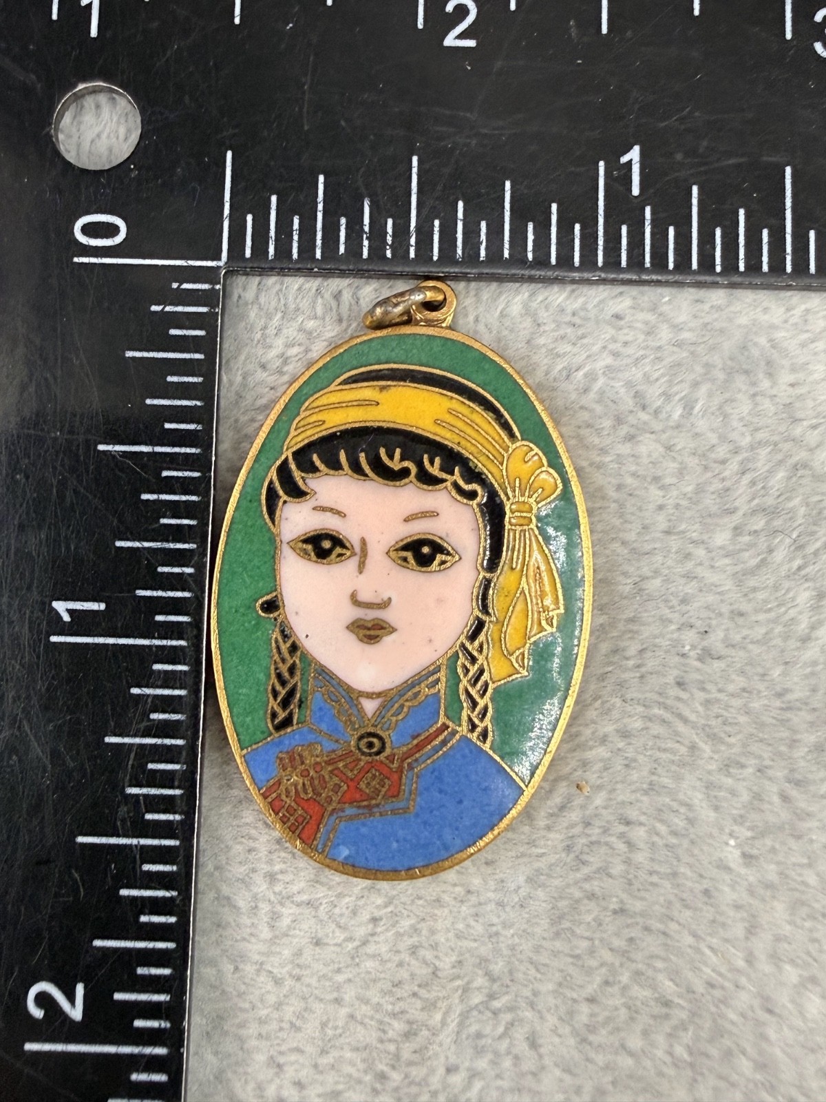 Vintage Cloisonne Pendant Gold Tone Enamel Person