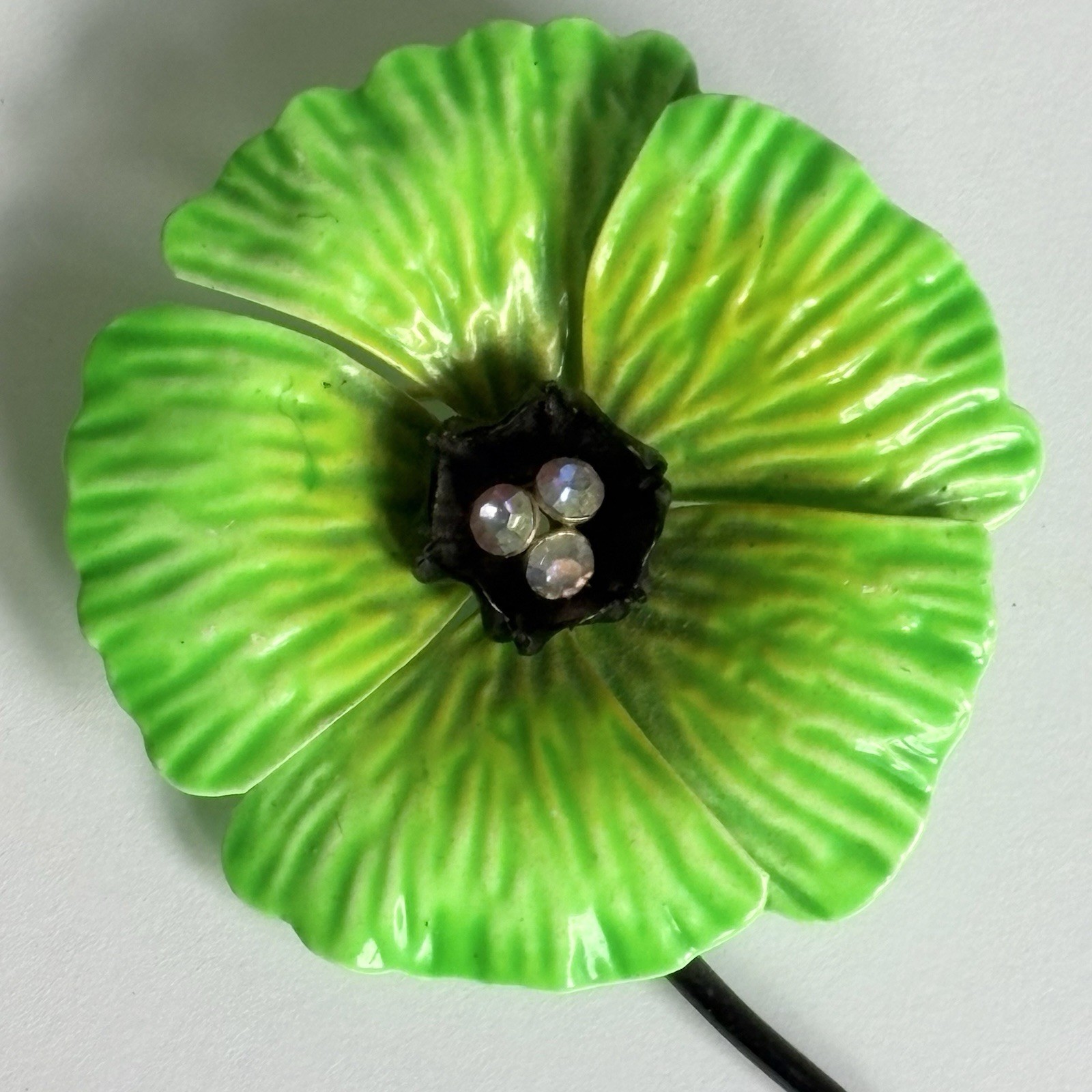 Mod Vintage 1960’s Lime Green Enamel & Rhinestone Poppy Flower Brooch Pin